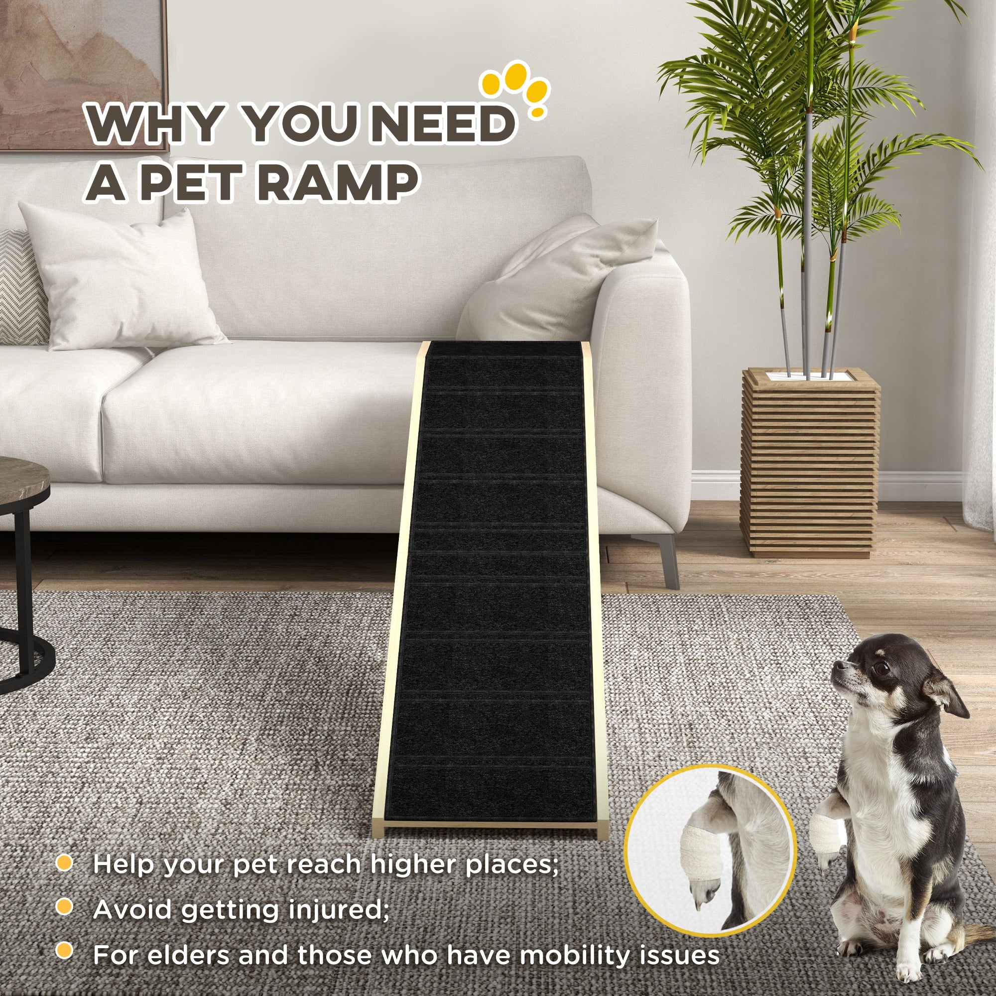 PawHut Pet Ramp Bed Steps for Dogs Cats Non-slip Carpet Top Platform Pine Wood 74"L x 16"W x 25"H Natural