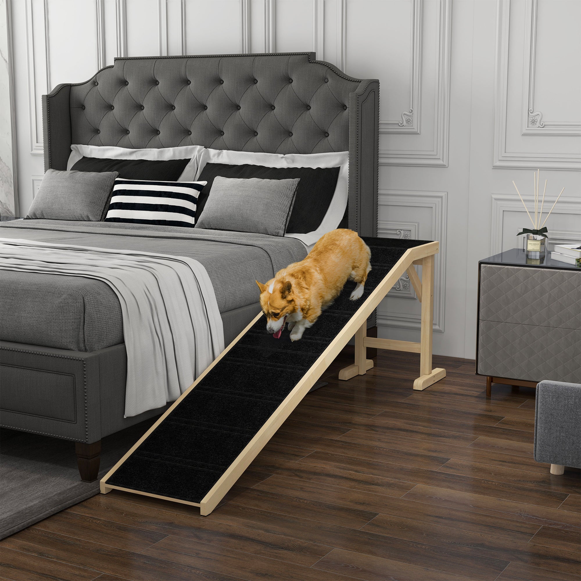 PawHut Dog Ramp for Bed, Pet Ramp for Dogs with Non-Slip Carpet and Top Platform, 74" x 16" x 25", Natural