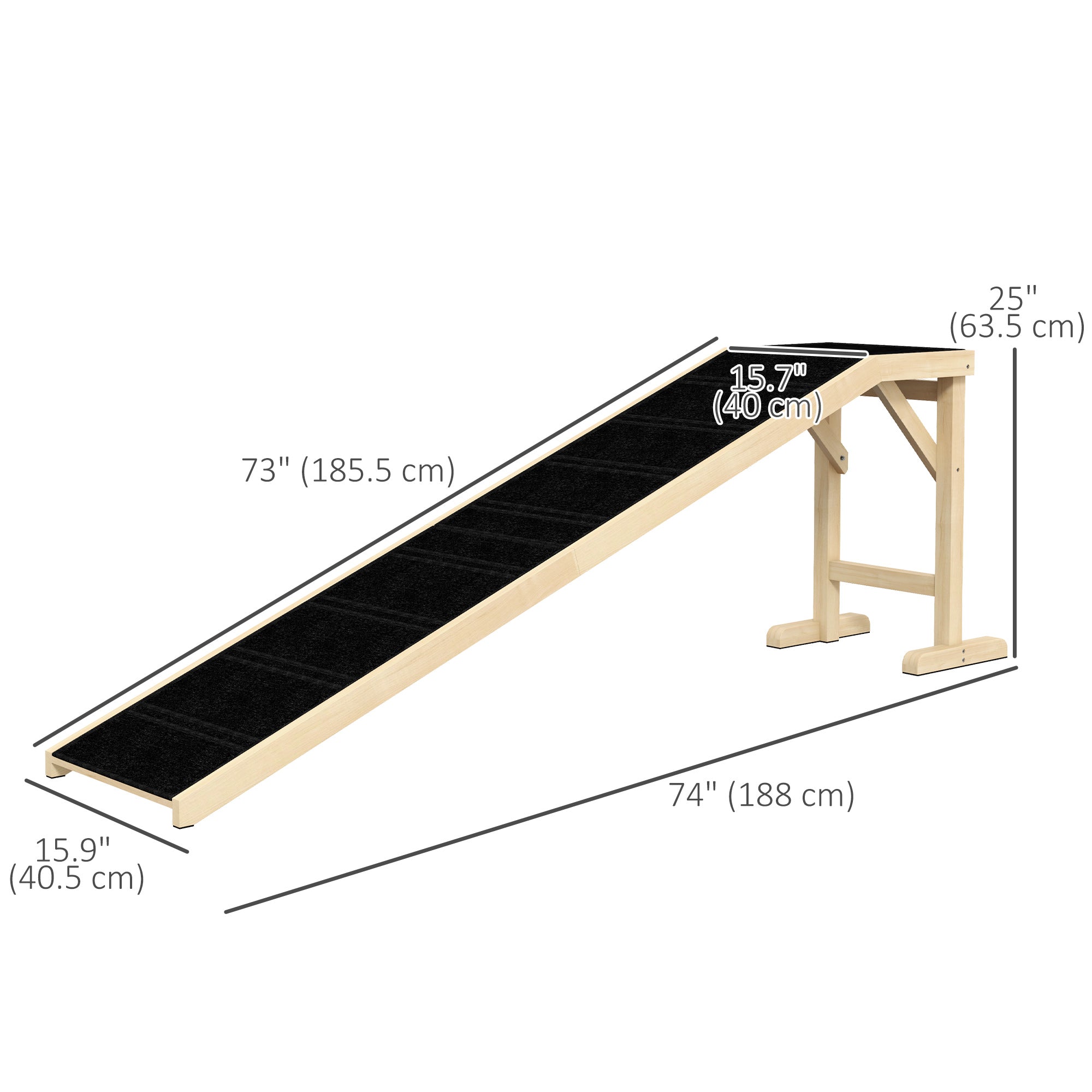 PawHut Pet Ramp Bed Steps for Dogs Cats Non-slip Carpet Top Platform Pine Wood 74"L x 16"W x 25"H Natural