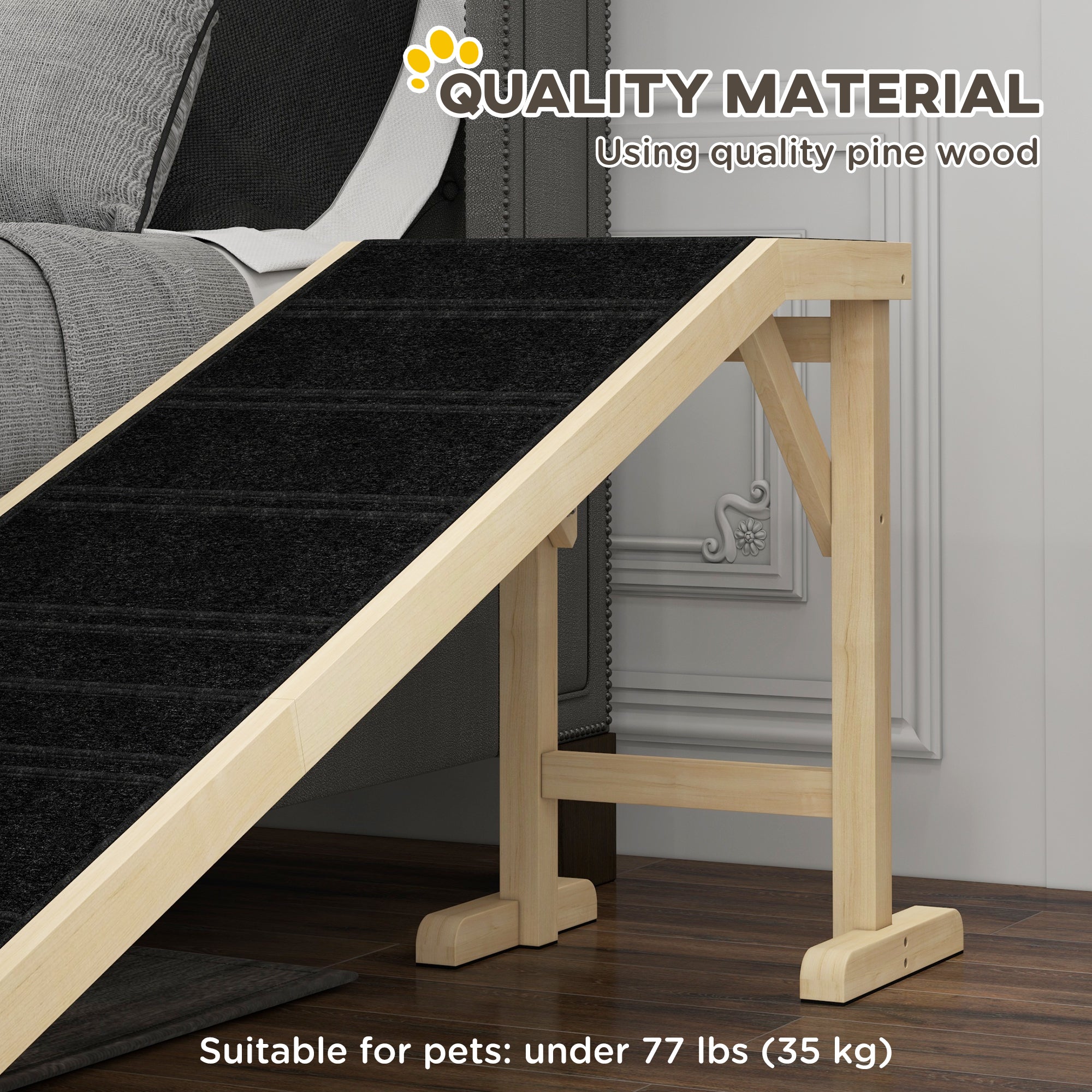PawHut Pet Ramp Bed Steps for Dogs Cats Non-slip Carpet Top Platform Pine Wood 74"L x 16"W x 25"H Natural