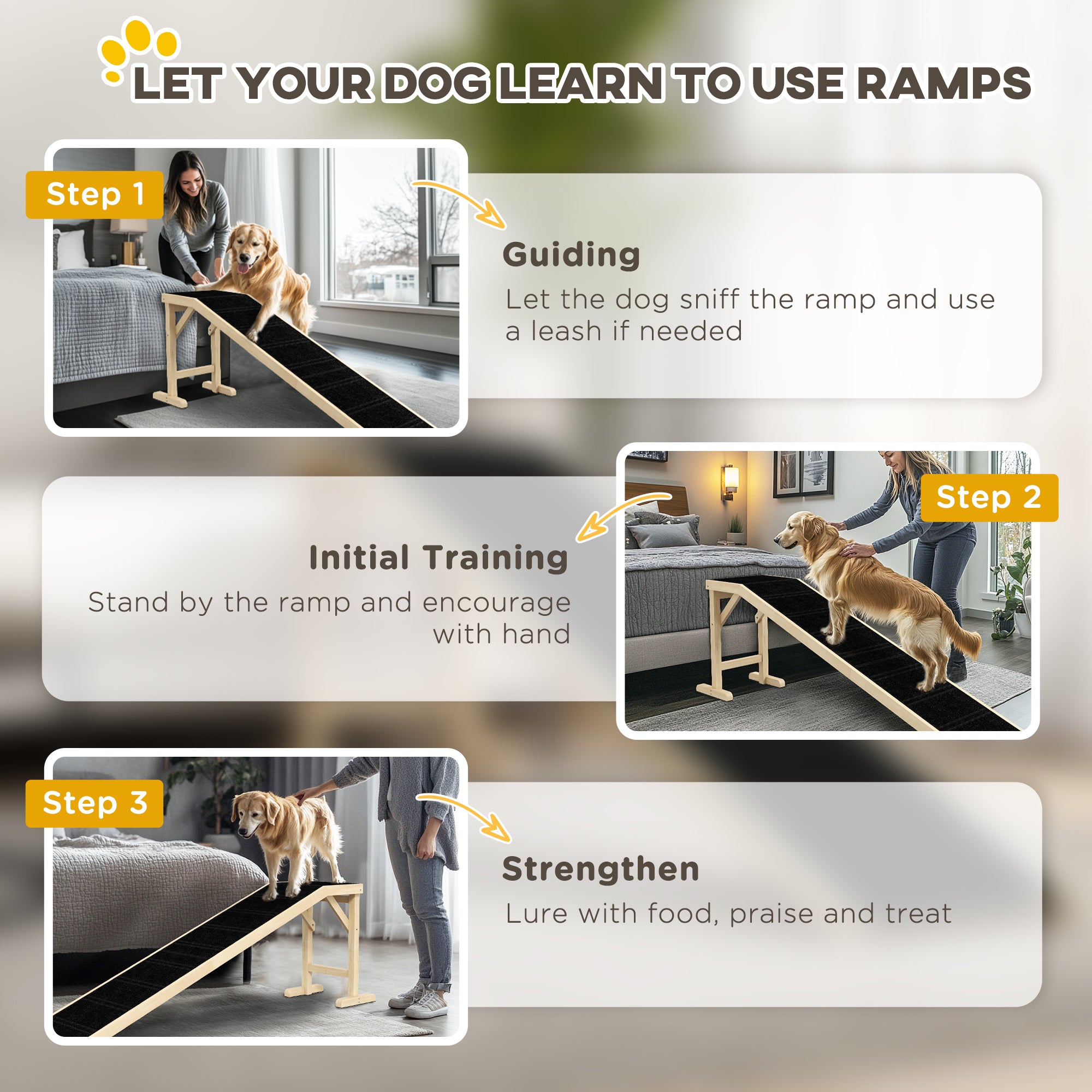PawHut Pet Ramp Bed Steps for Dogs Cats Non-slip Carpet Top Platform Pine Wood 74"L x 16"W x 25"H Natural
