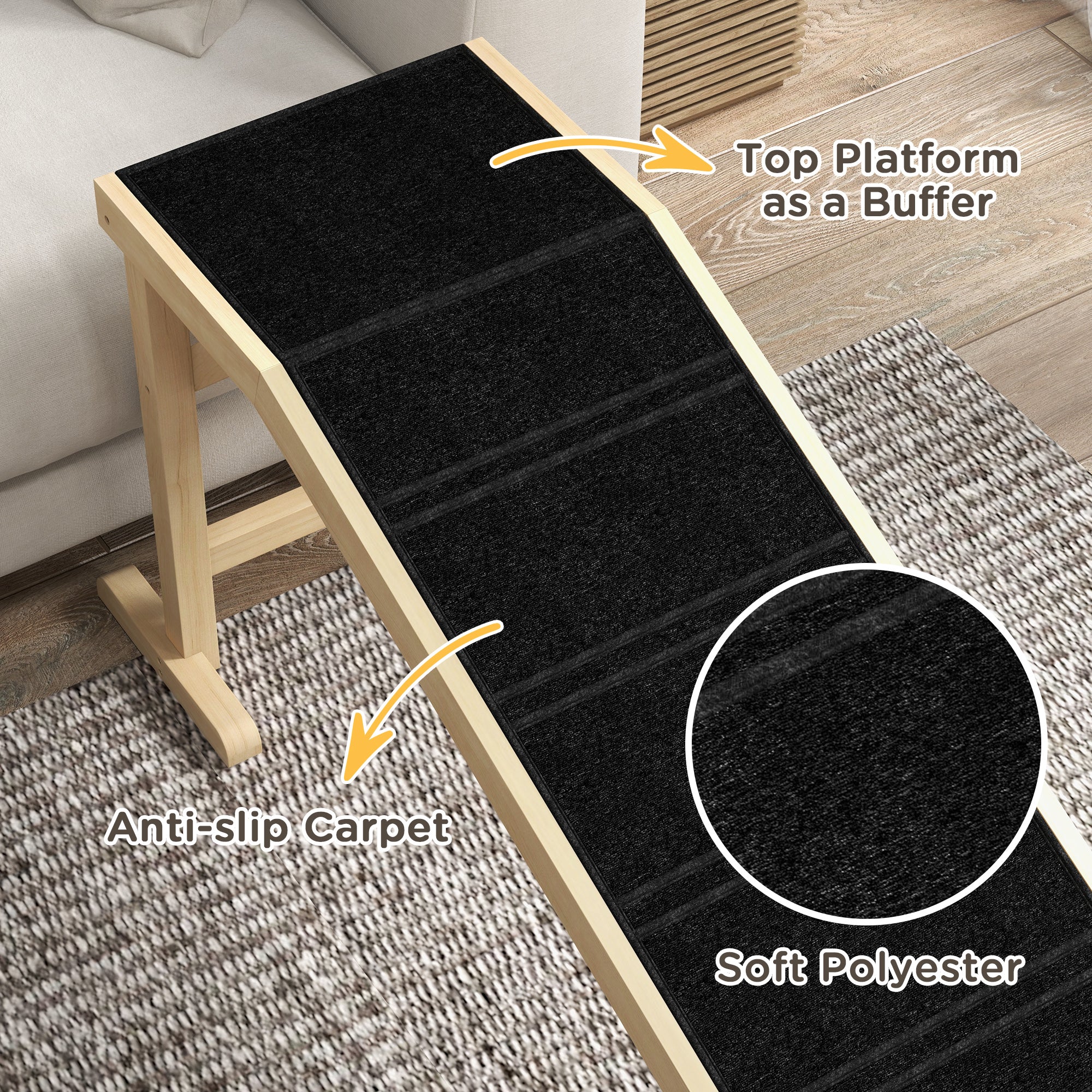 PawHut Pet Ramp Bed Steps for Dogs Cats Non-slip Carpet Top Platform Pine Wood 74"L x 16"W x 25"H Natural