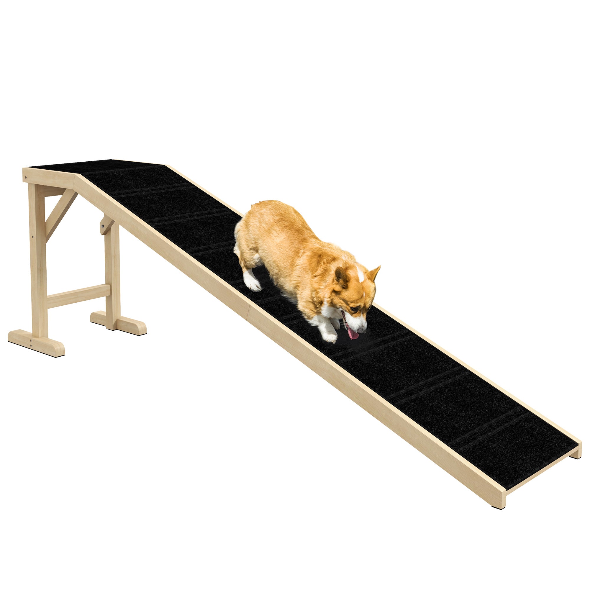 PawHut Pet Ramp Bed Steps for Dogs Cats Non-slip Carpet Top Platform Pine Wood 74"L x 16"W x 25"H Natural