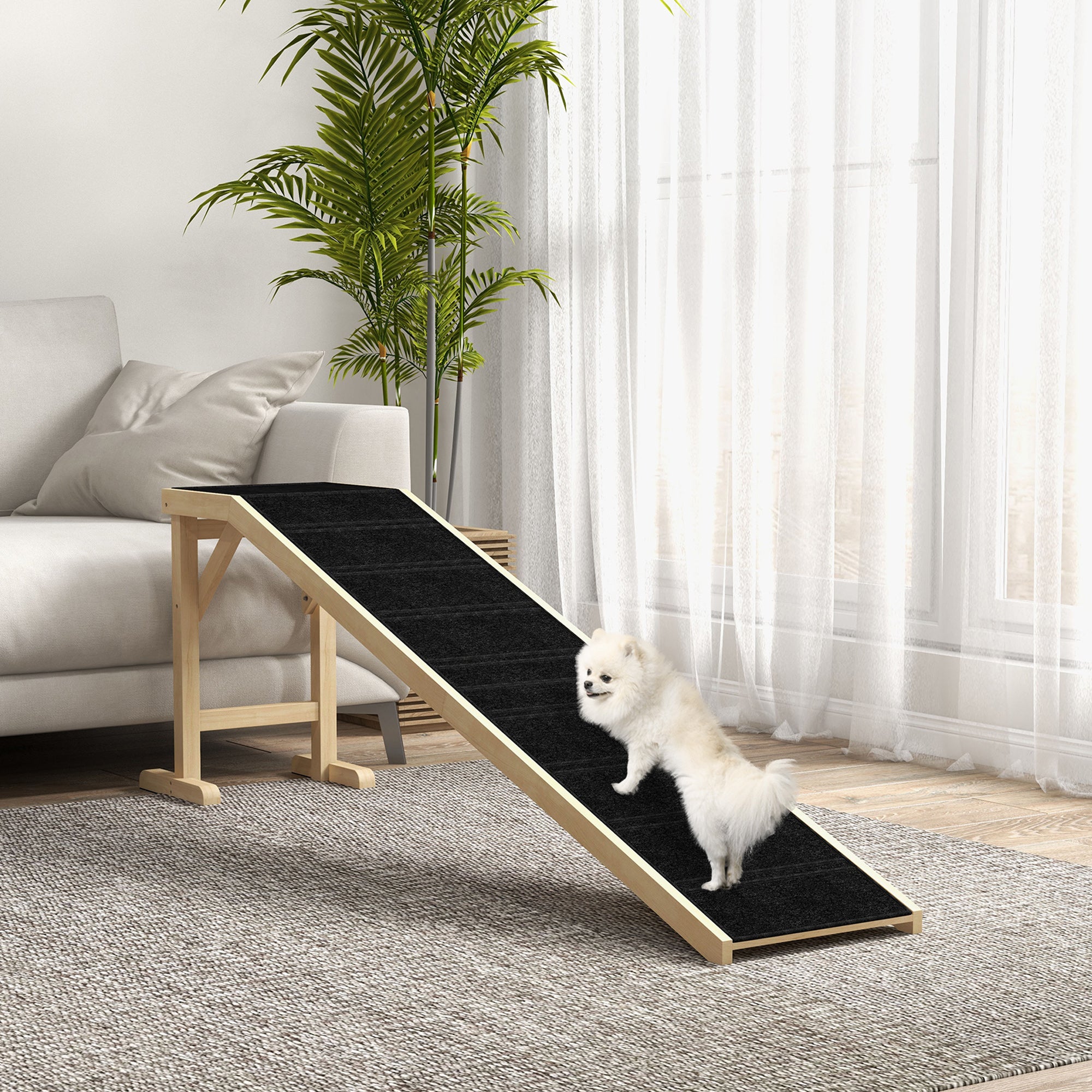 PawHut Pet Ramp Bed Steps for Dogs Cats Non-slip Carpet Top Platform Pine Wood 74"L x 16"W x 25"H Natural
