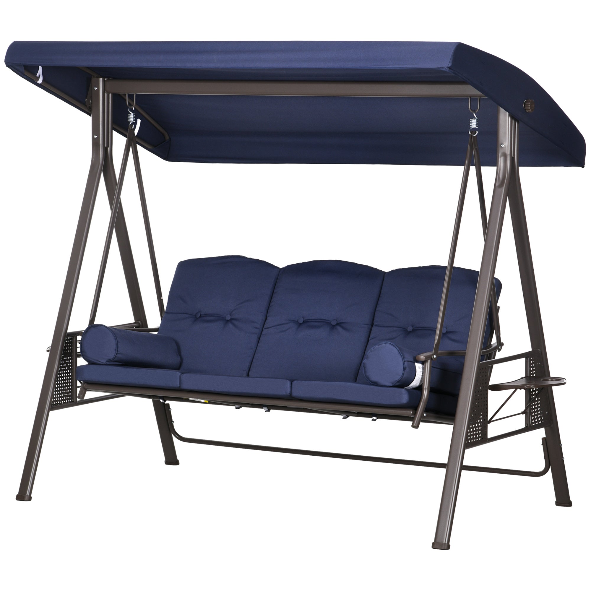 Outsunny 3 Seater Porch Swing Heavy Duty Outdoor Swing Chair Outdoor Lounge Hammock Cushioned Seat w/ Tilt Canopy, Dark Blue
