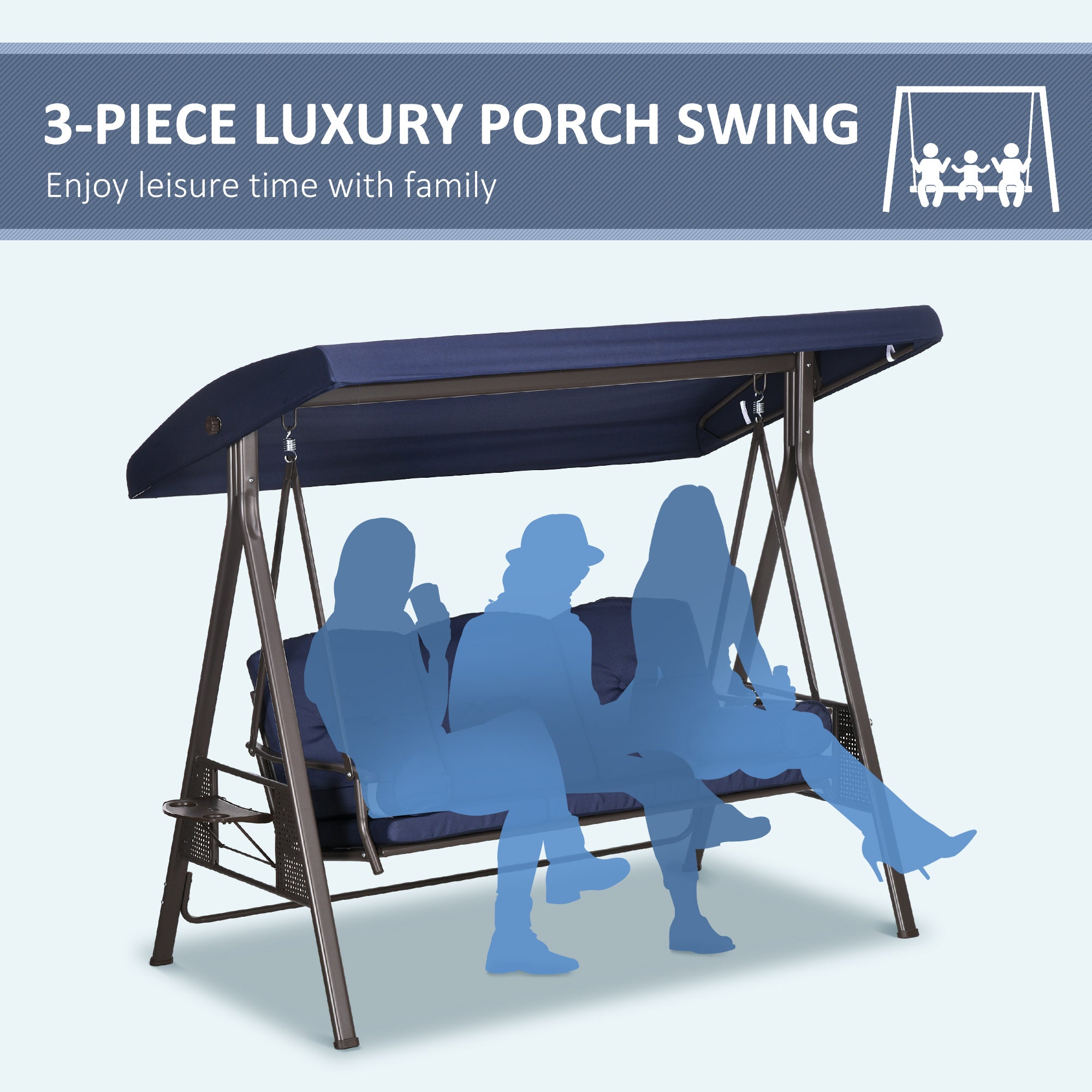 Outsunny 3 Seater Porch Swing Heavy Duty Outdoor Swing Chair Outdoor Lounge Hammock Cushioned Seat w/ Tilt Canopy, Dark Blue