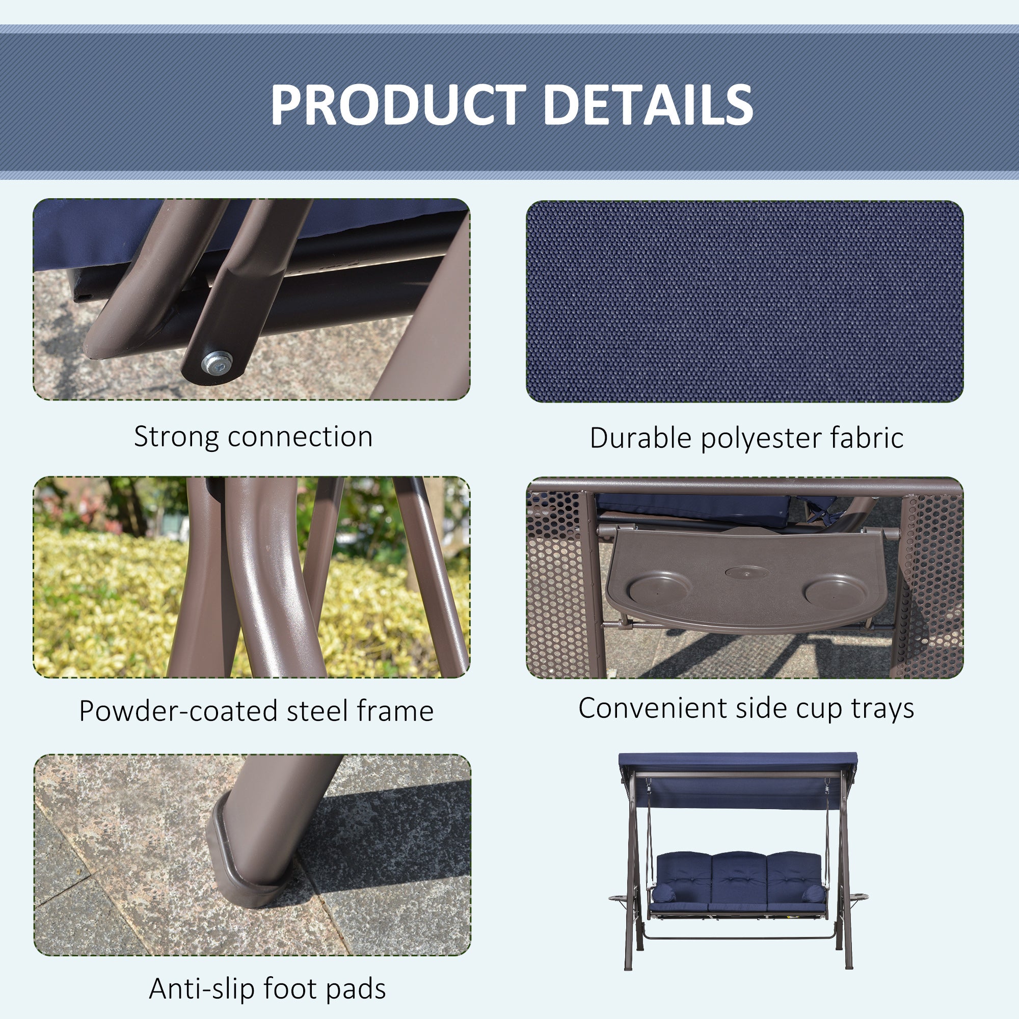 Outsunny 3 Seater Porch Swing Heavy Duty Outdoor Swing Chair Outdoor Lounge Hammock Cushioned Seat w/ Tilt Canopy, Dark Blue
