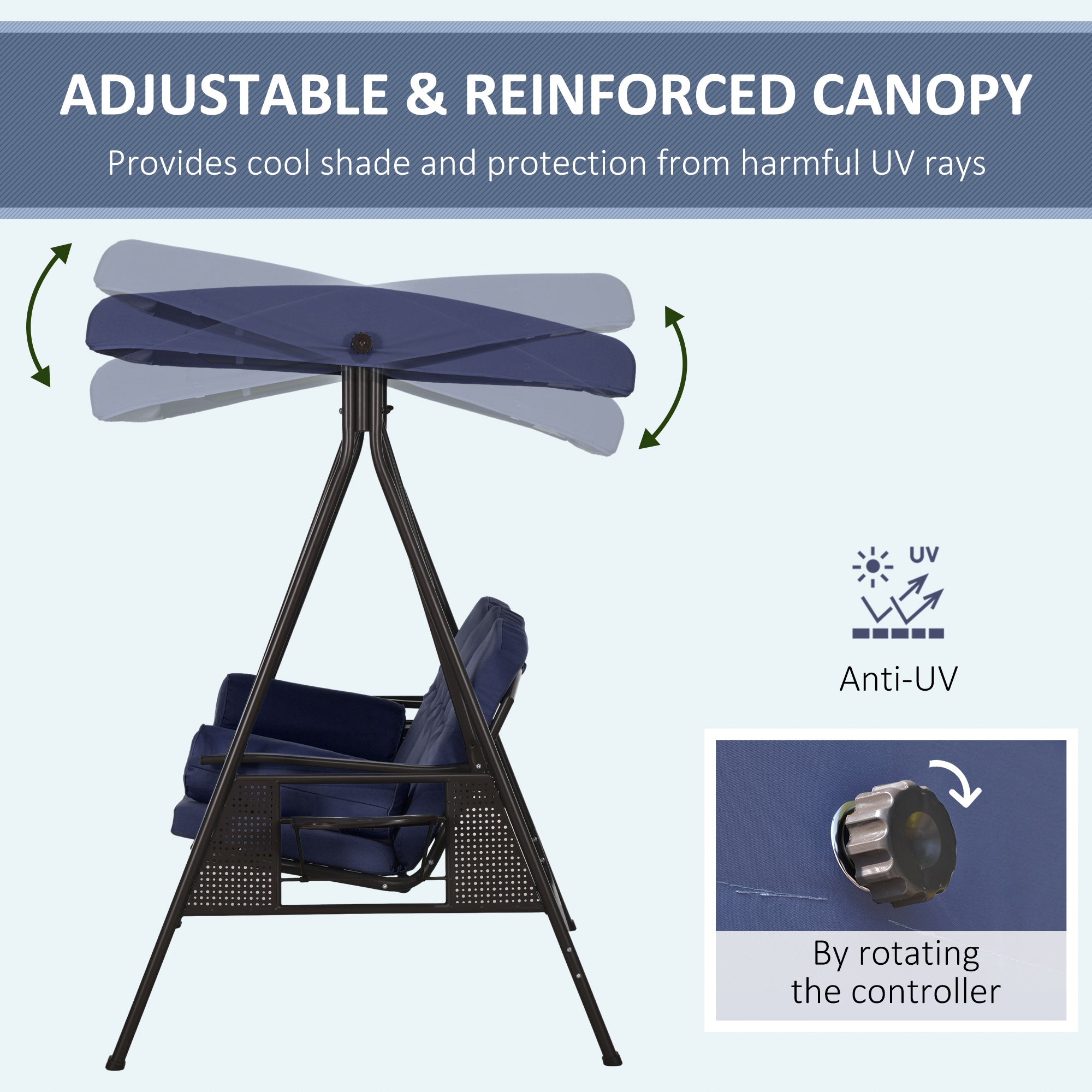 Outsunny 3 Seater Porch Swing Heavy Duty Outdoor Swing Chair Outdoor Lounge Hammock Cushioned Seat w/ Tilt Canopy, Dark Blue