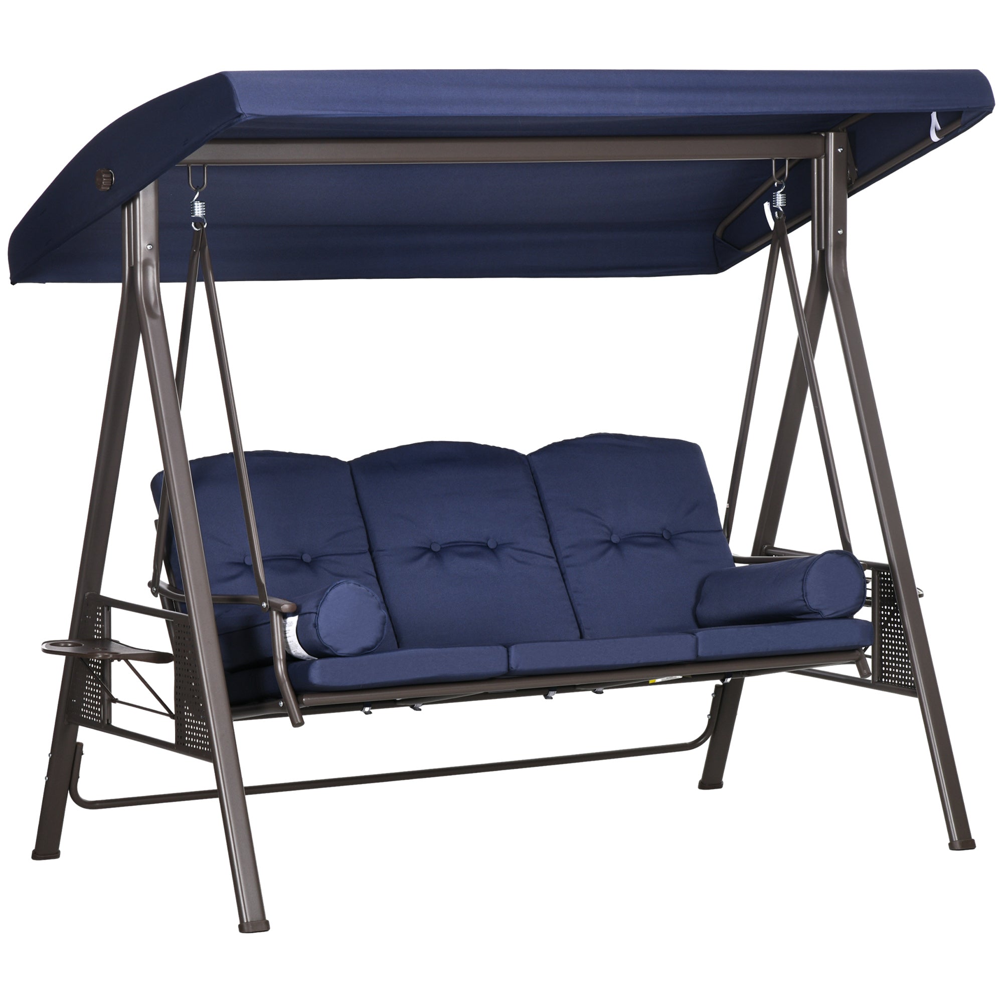 Outsunny 3 Seater Porch Swing Heavy Duty Outdoor Swing Chair Outdoor Lounge Hammock Cushioned Seat w/ Tilt Canopy, Dark Blue