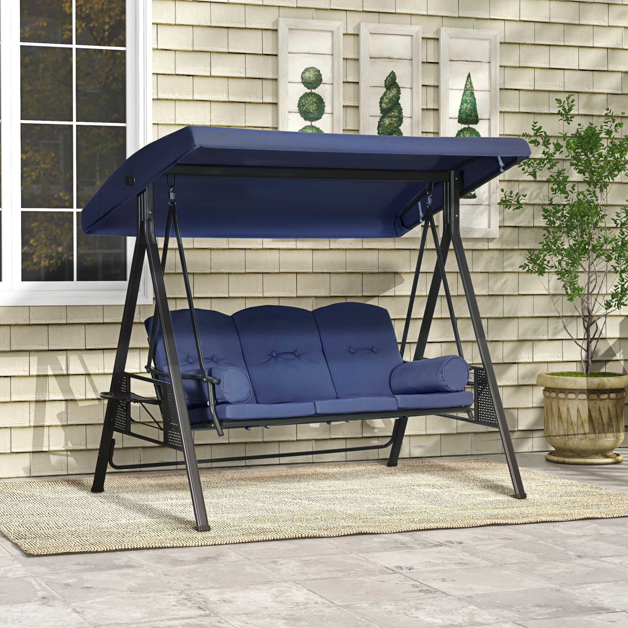 Outsunny 3 Seater Porch Swing Heavy Duty Outdoor Swing Chair Outdoor Lounge Hammock Cushioned Seat w/ Tilt Canopy, Dark Blue