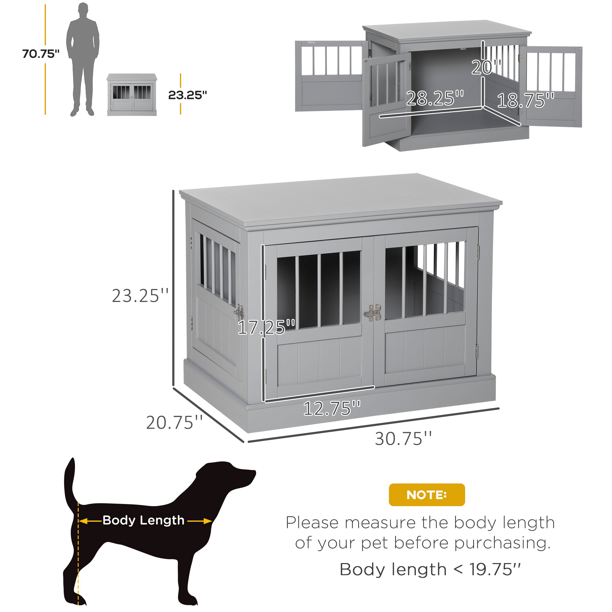 PawHut Dog Crate End Table with Triple Doors, Wooden Dog Crate Furniture Indoor Use, Puppy Crate for Small Dogs, Pewter Gray