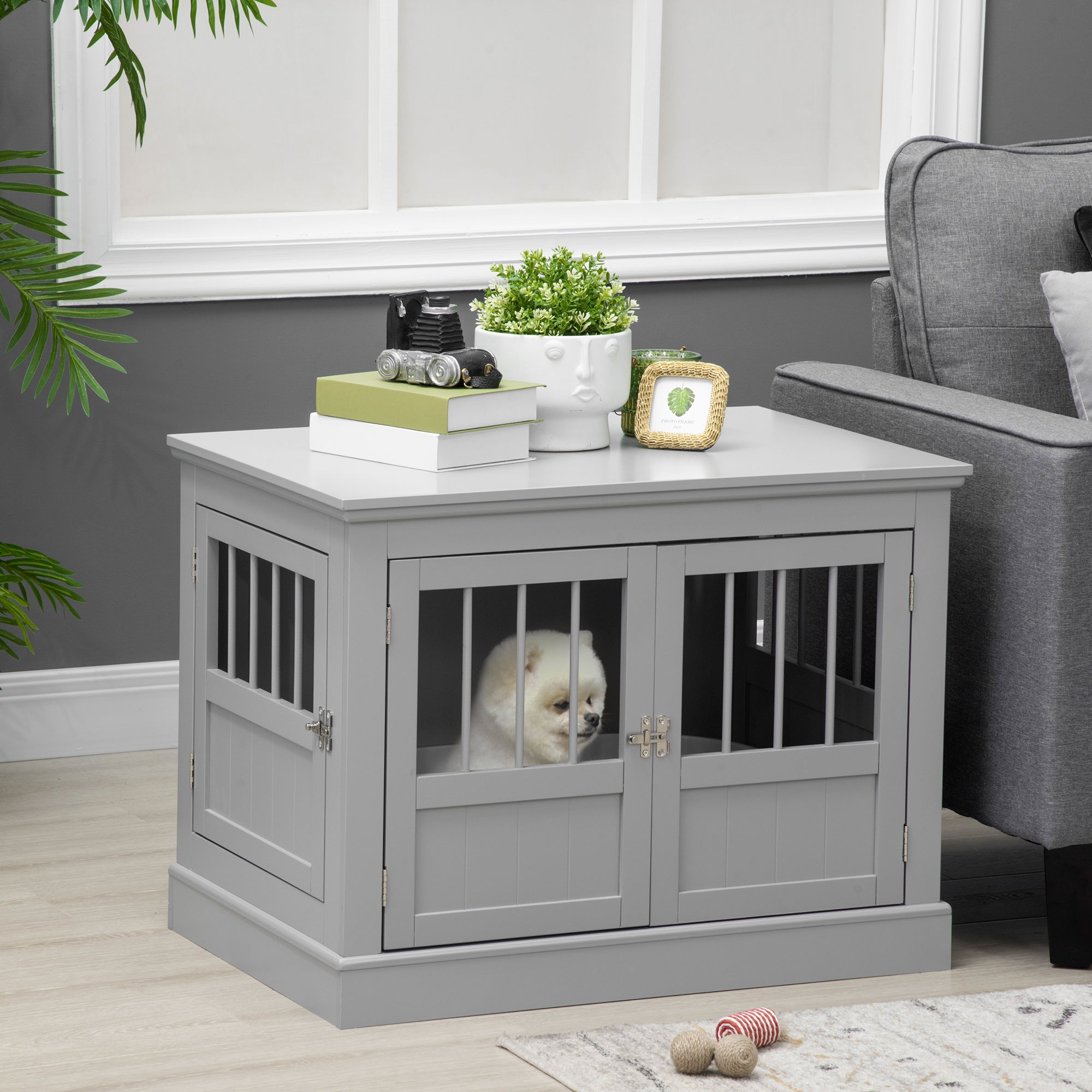 PawHut Dog Crate End Table with Triple Doors, Wooden Dog Crate Furniture Indoor Use, Puppy Crate for Small Dogs, Pewter Gray