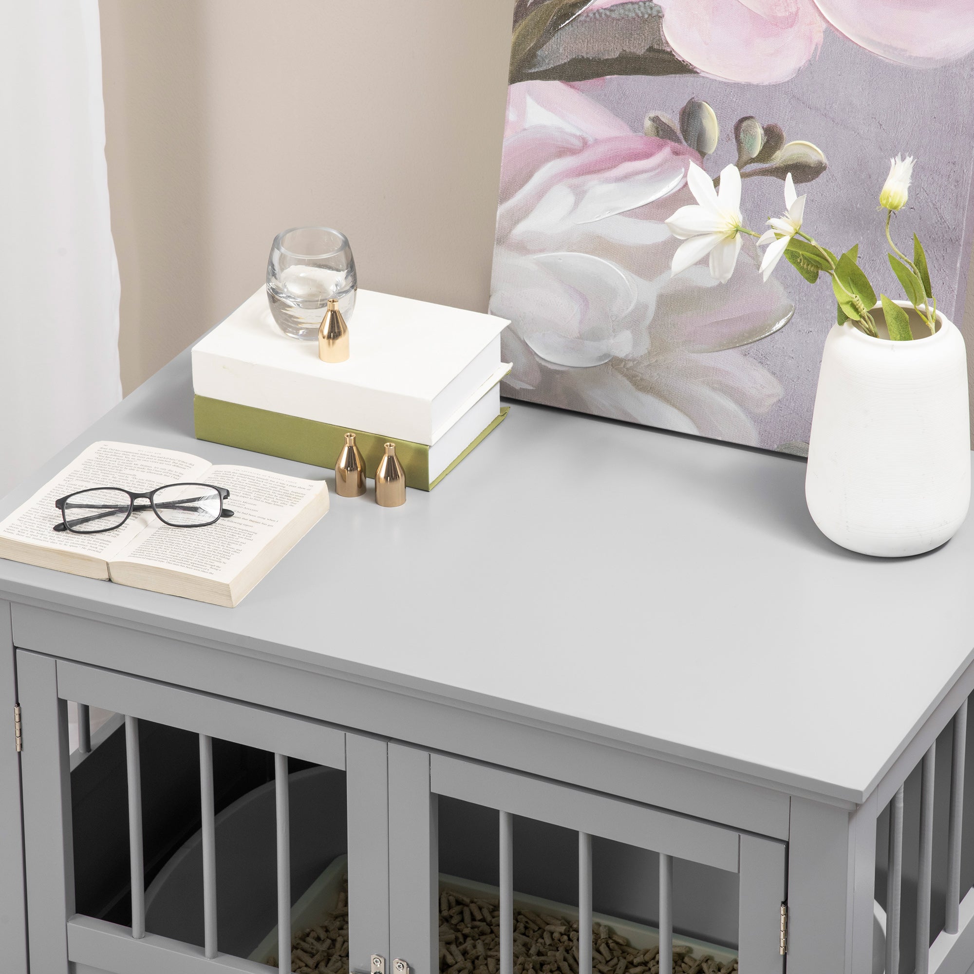 PawHut Dog Crate End Table with Triple Doors, Wooden Dog Crate Furniture Indoor Use, Puppy Crate for Small Dogs, Pewter Gray