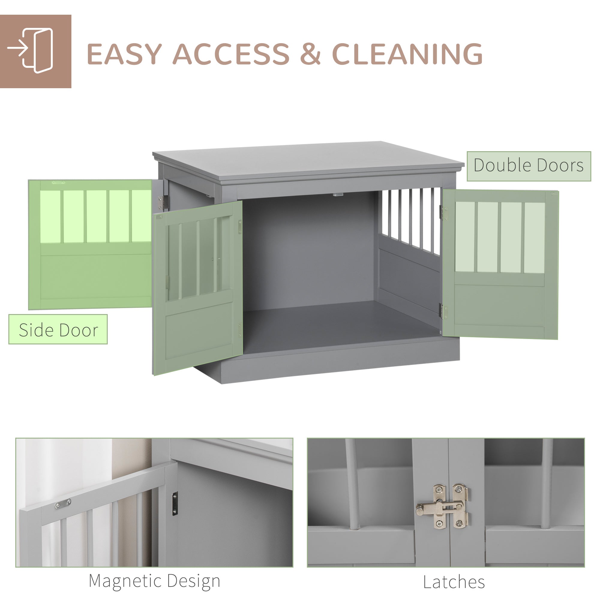 PawHut Dog Crate End Table with Triple Doors, Wooden Dog Crate Furniture Indoor Use, Puppy Crate for Small Dogs, Pewter Gray