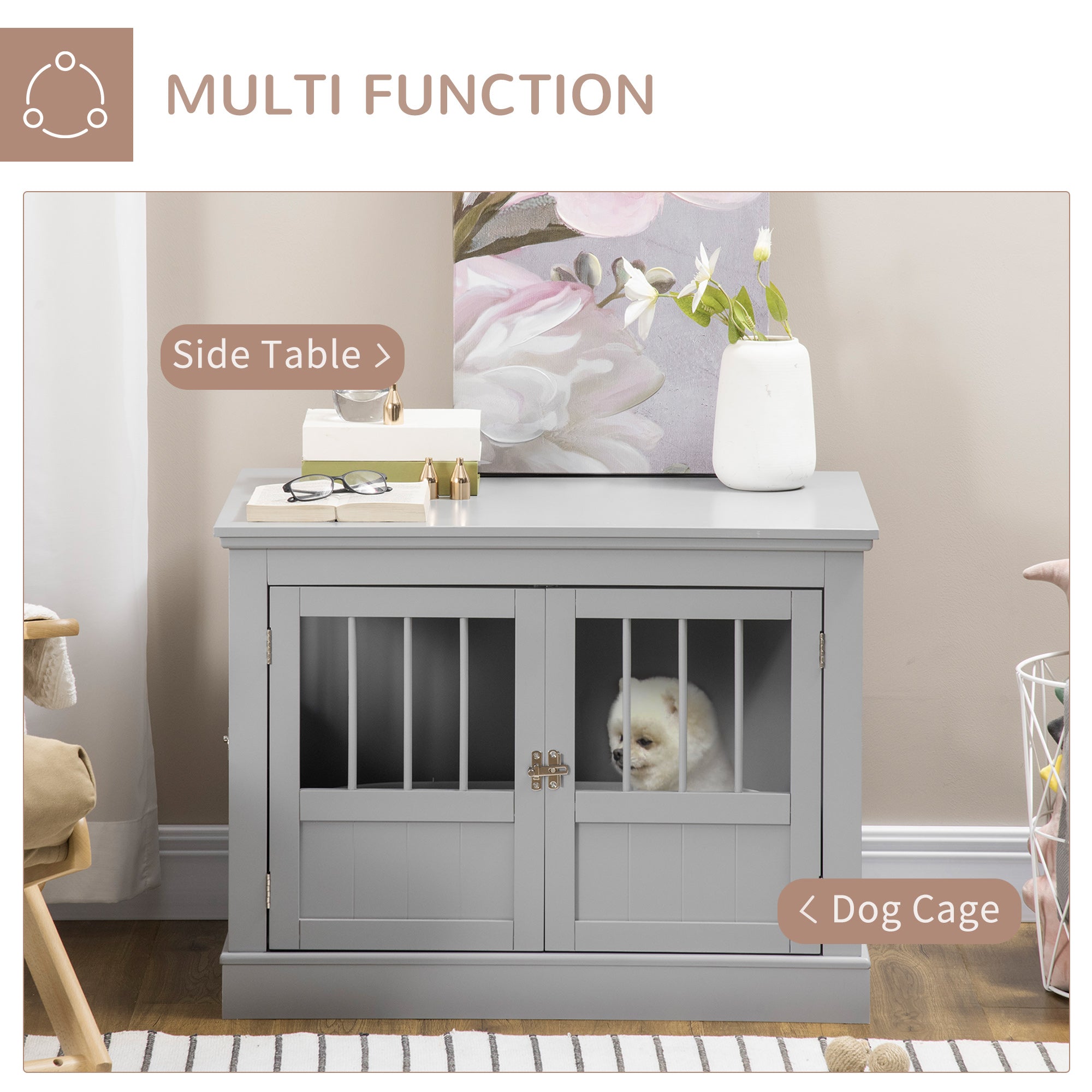 PawHut Dog Crate End Table with Triple Doors, Wooden Dog Crate Furniture Indoor Use, Puppy Crate for Small Dogs, Pewter Gray