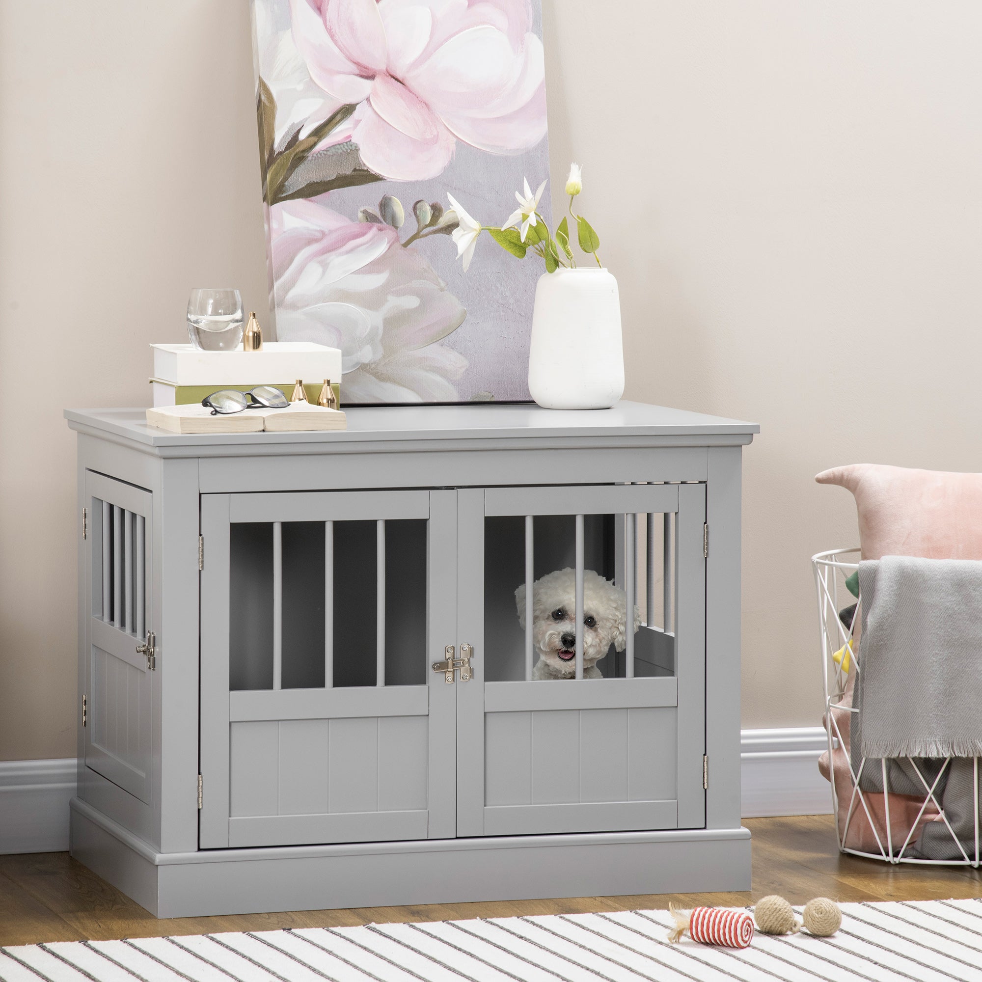 PawHut Dog Crate End Table with Triple Doors, Wooden Dog Crate Furniture Indoor Use, Puppy Crate for Small Dogs, Pewter Gray