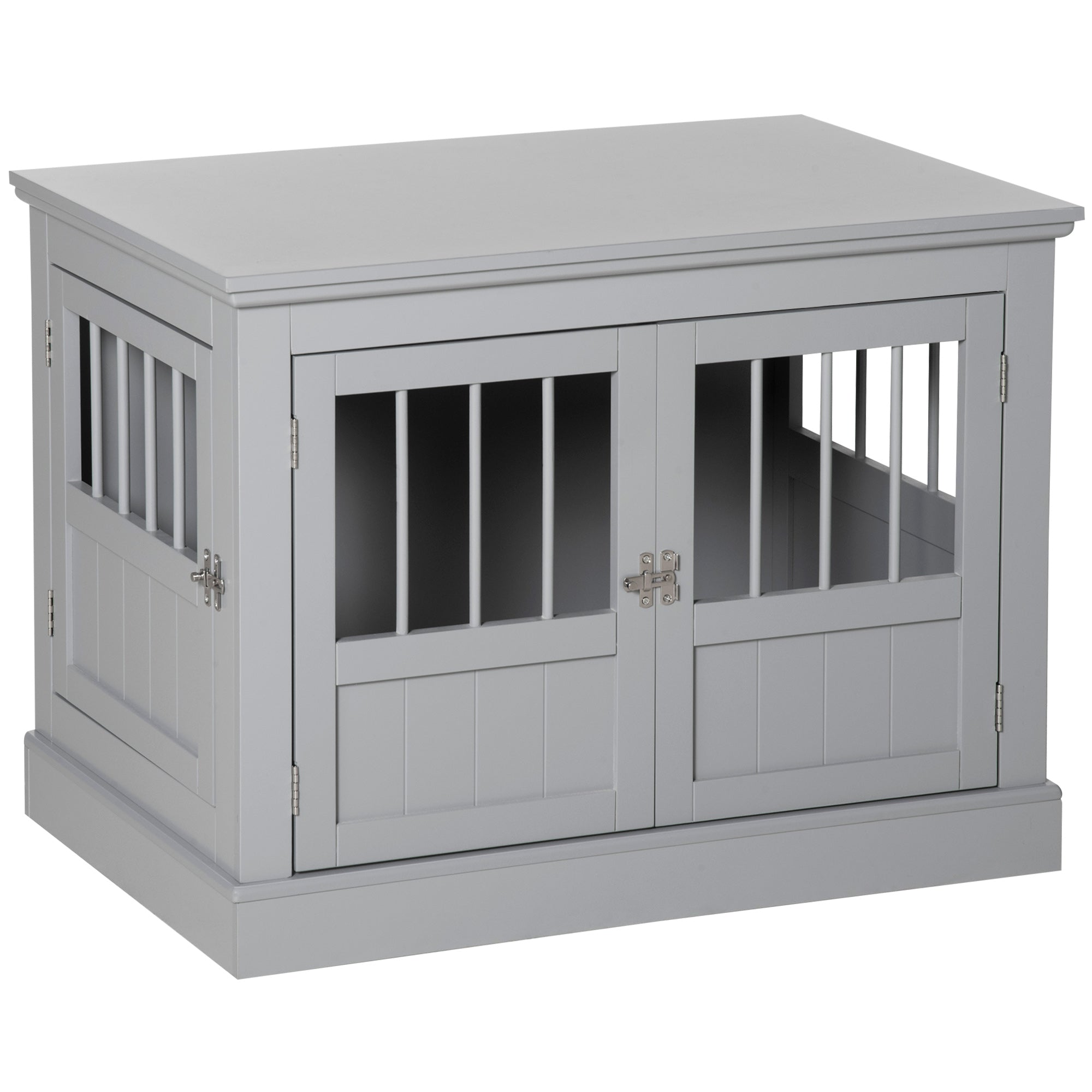 PawHut Dog Crate End Table with Triple Doors, Wooden Dog Crate Furniture Indoor Use, Puppy Crate for Small Dogs, Pewter Gray