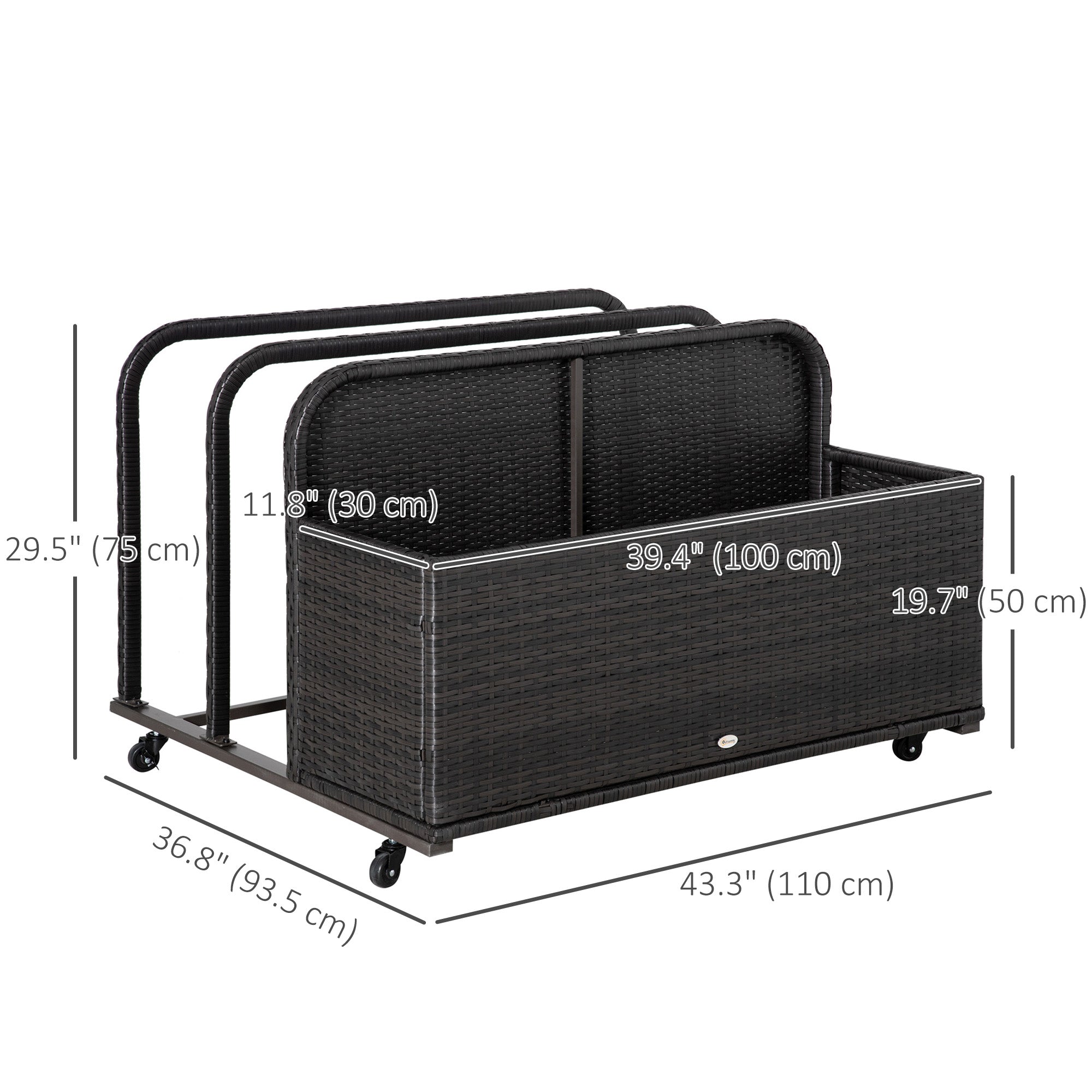 Outsunny Rolling Pool Storage Rattan Patio Furniture Outdoor Storage Wicker Organizer for Floats, Pool Noodles, Paddles, Balls, Towels, Accessories for Garden Lawn, Brown