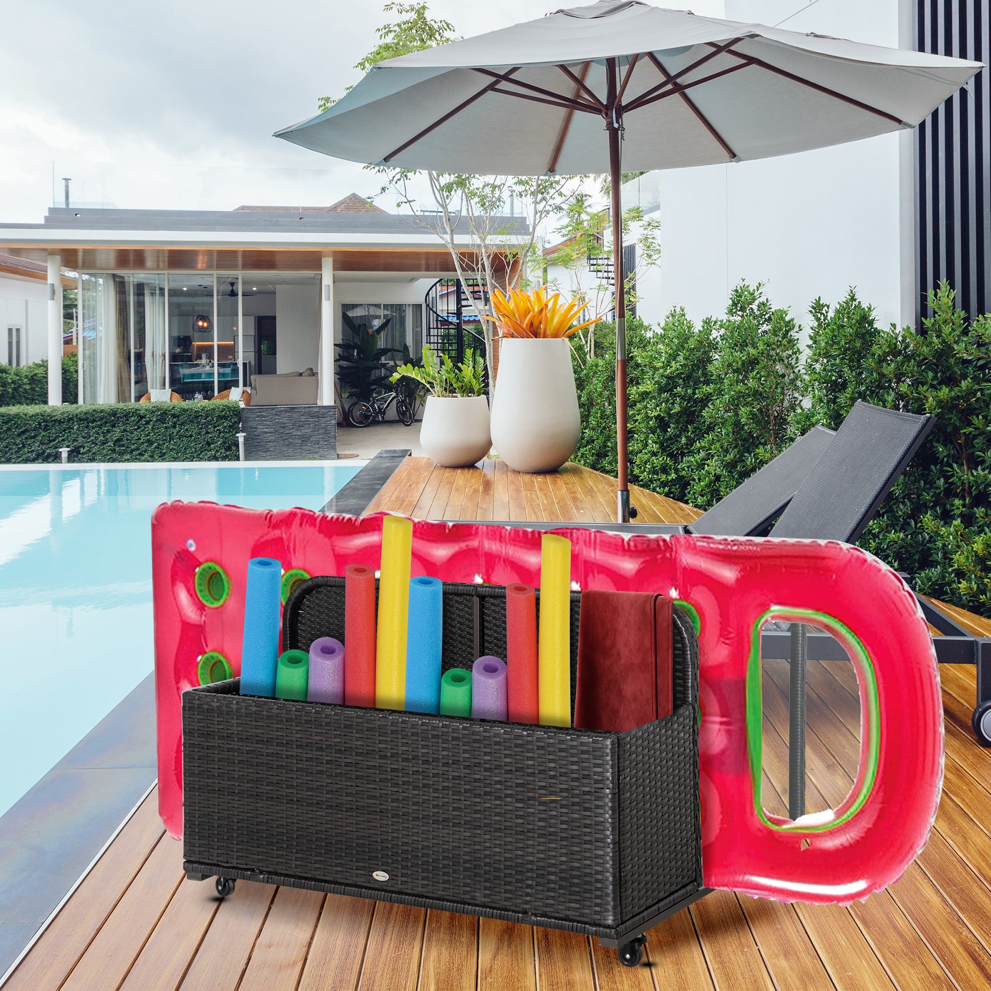 Outsunny Rolling Pool Storage Rattan Patio Furniture Outdoor Storage Wicker Organizer for Floats, Pool Noodles, Paddles, Balls, Towels, Accessories for Garden Lawn, Brown