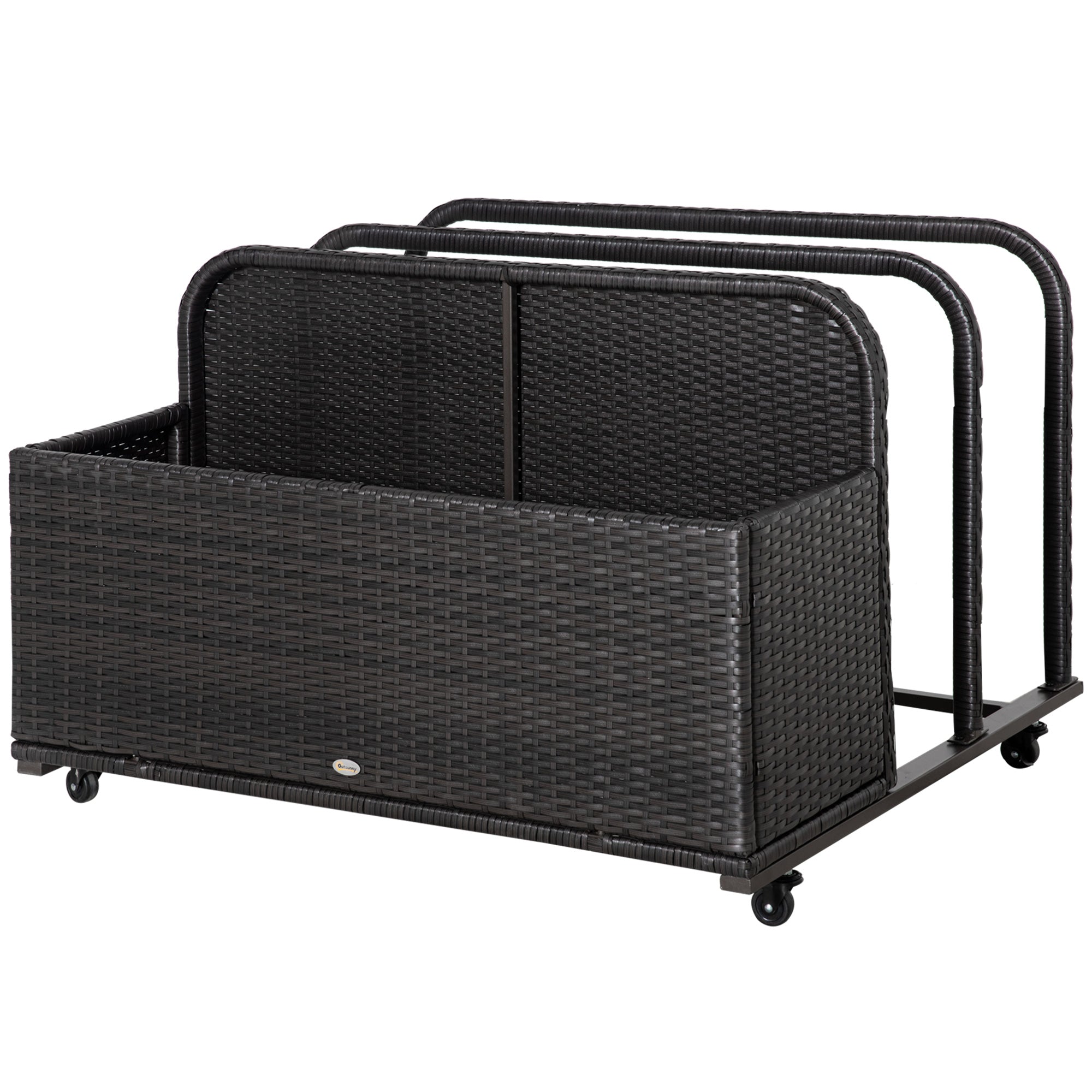 Outsunny Rolling Pool Storage Rattan Patio Furniture Outdoor Storage Wicker Organizer for Floats, Pool Noodles, Paddles, Balls, Towels, Accessories for Garden Lawn, Brown