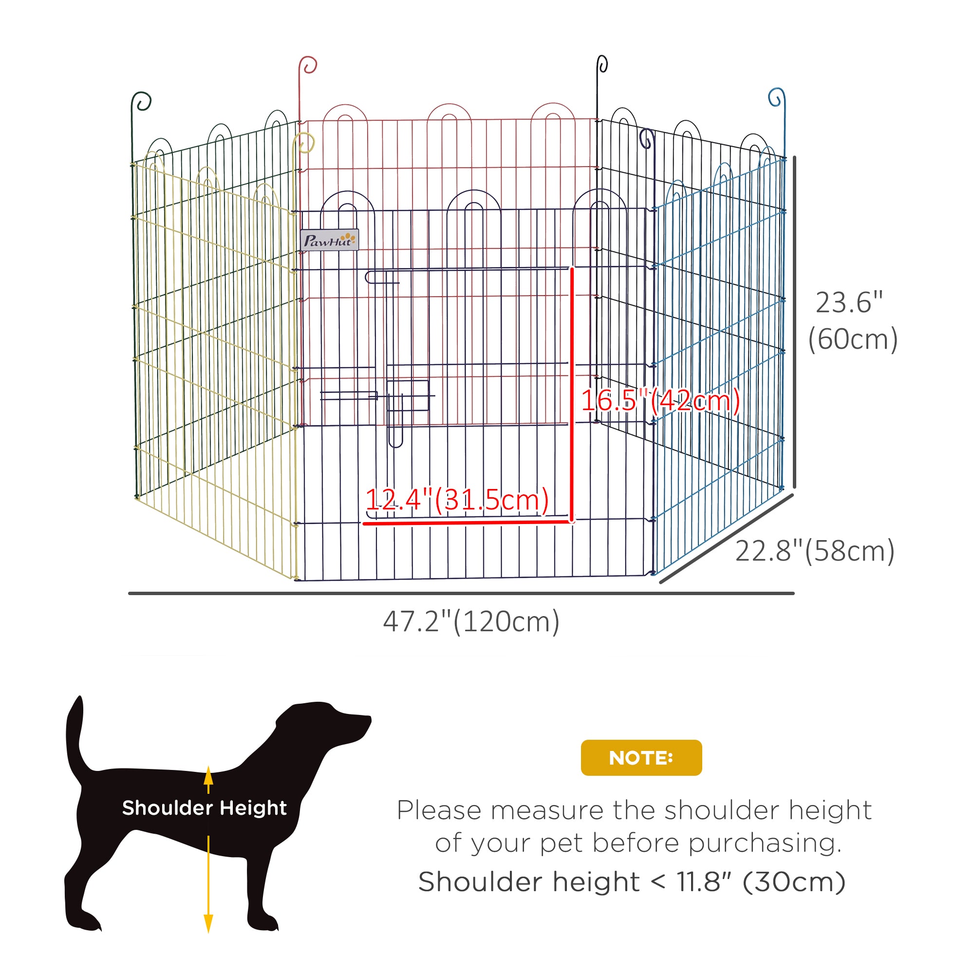 PawHut 23.6"H Metal Pet Playpen Portable Hexagon Dog Exercise Fence Flexible Shape Puppy Crate Kennel w/ Door for Outdoor