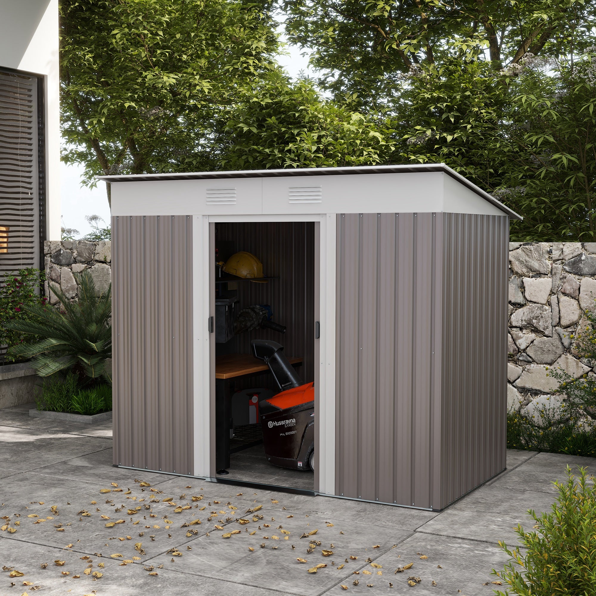 Outsunny 7' x 4' Outdoor Storage Shed, Metal Garden Tool Storage House Organizer with Lockable Sliding Doors and Vents for Backyard Patio Lawn, Light Grey