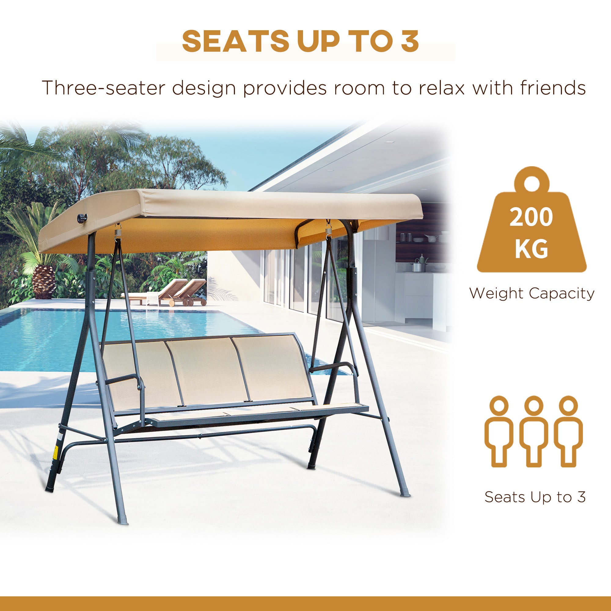 Outsunny 3-Seater Porch Swing Chair, Covered Garden Hammock, A-Frame Outdoor Swing, Porch Glider Sling Seat w/Adjustable Canopy Cover Weather Resistant Beige