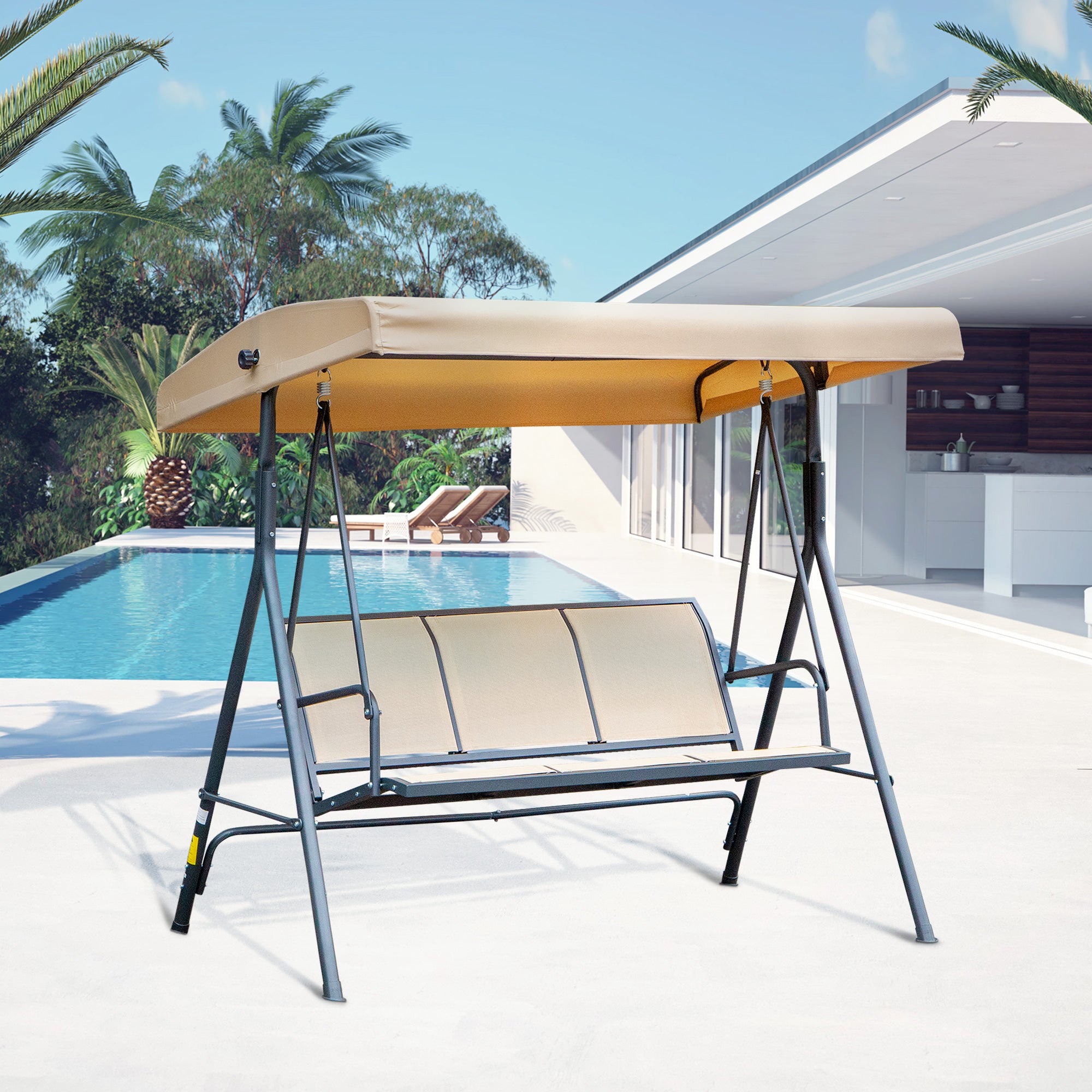 Outsunny 3-Seater Porch Swing Chair, Covered Garden Hammock, A-Frame Outdoor Swing, Porch Glider Sling Seat w/Adjustable Canopy Cover Weather Resistant Beige