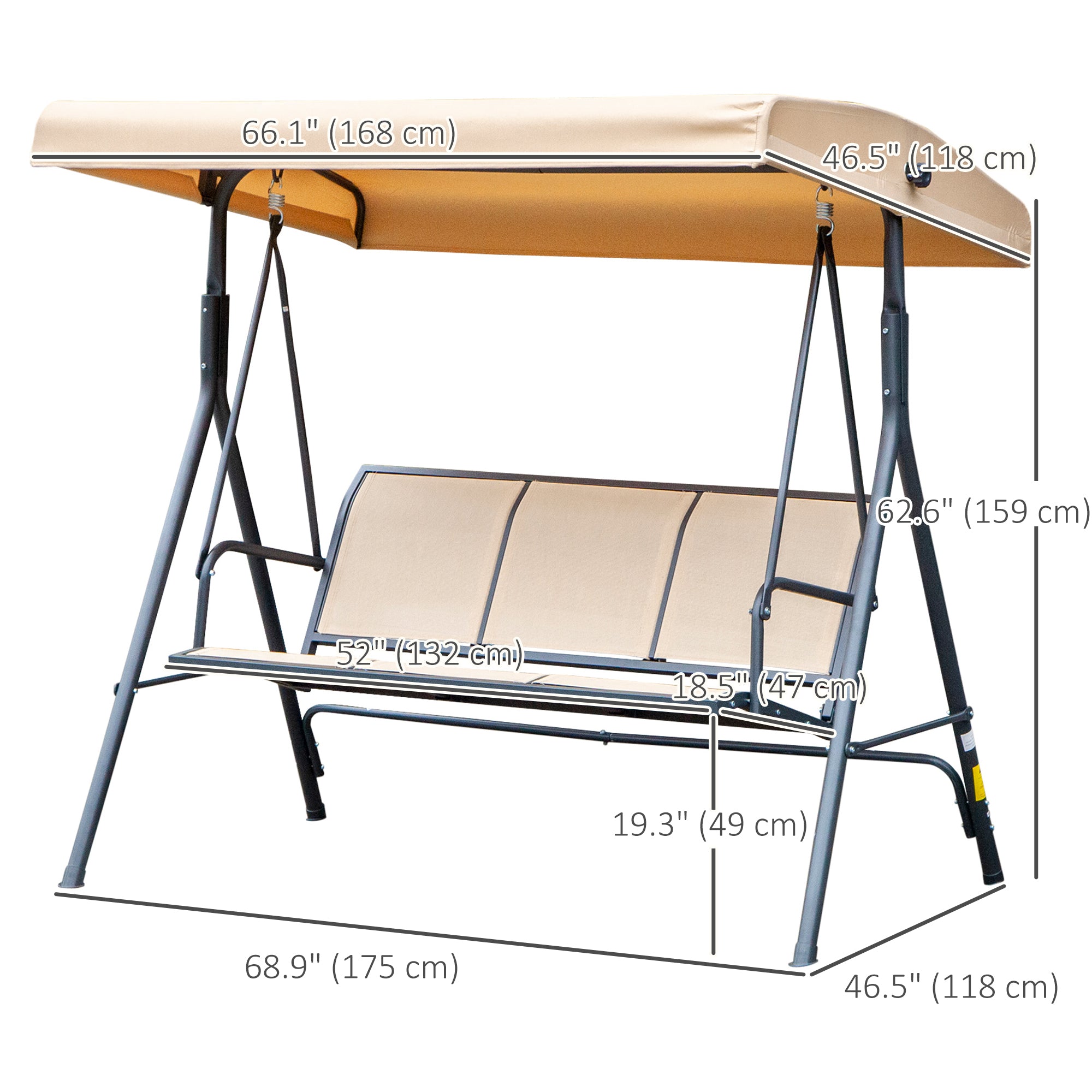 Outsunny 3-Seater Porch Swing Chair, Covered Garden Hammock, A-Frame Outdoor Swing, Porch Glider Sling Seat w/Adjustable Canopy Cover Weather Resistant Beige