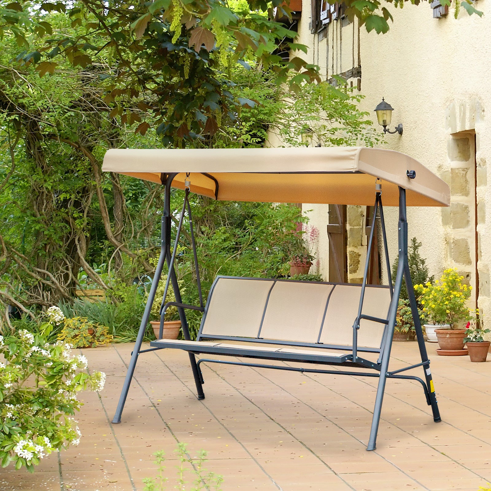 Outsunny 3-Seater Porch Swing Chair, Covered Garden Hammock, A-Frame Outdoor Swing, Porch Glider Sling Seat w/Adjustable Canopy Cover Weather Resistant Beige