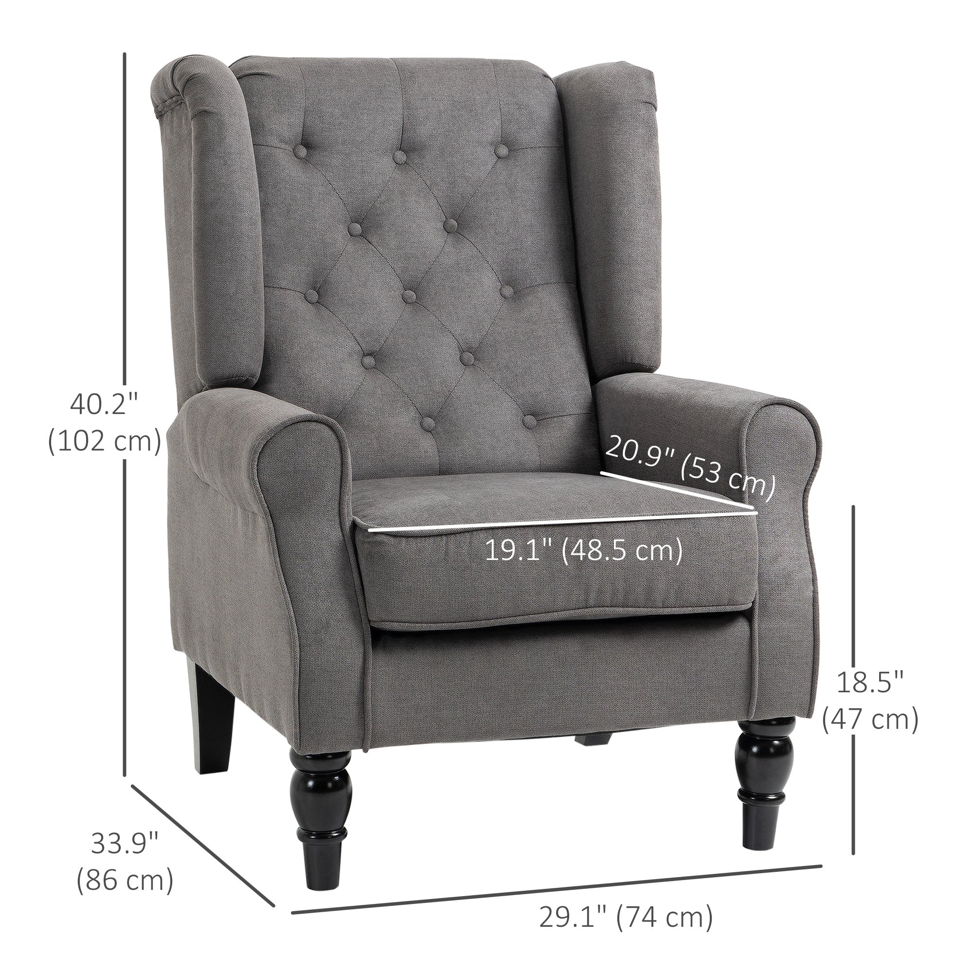 HOMCOM Fabric Accent Chair, Button Tufted Armchair, Upholstered Modern Living Room Chair, Wingback Chair with Wood Legs, Rolled Arms, Thick Padding for Bedroom, Charcoal Grey