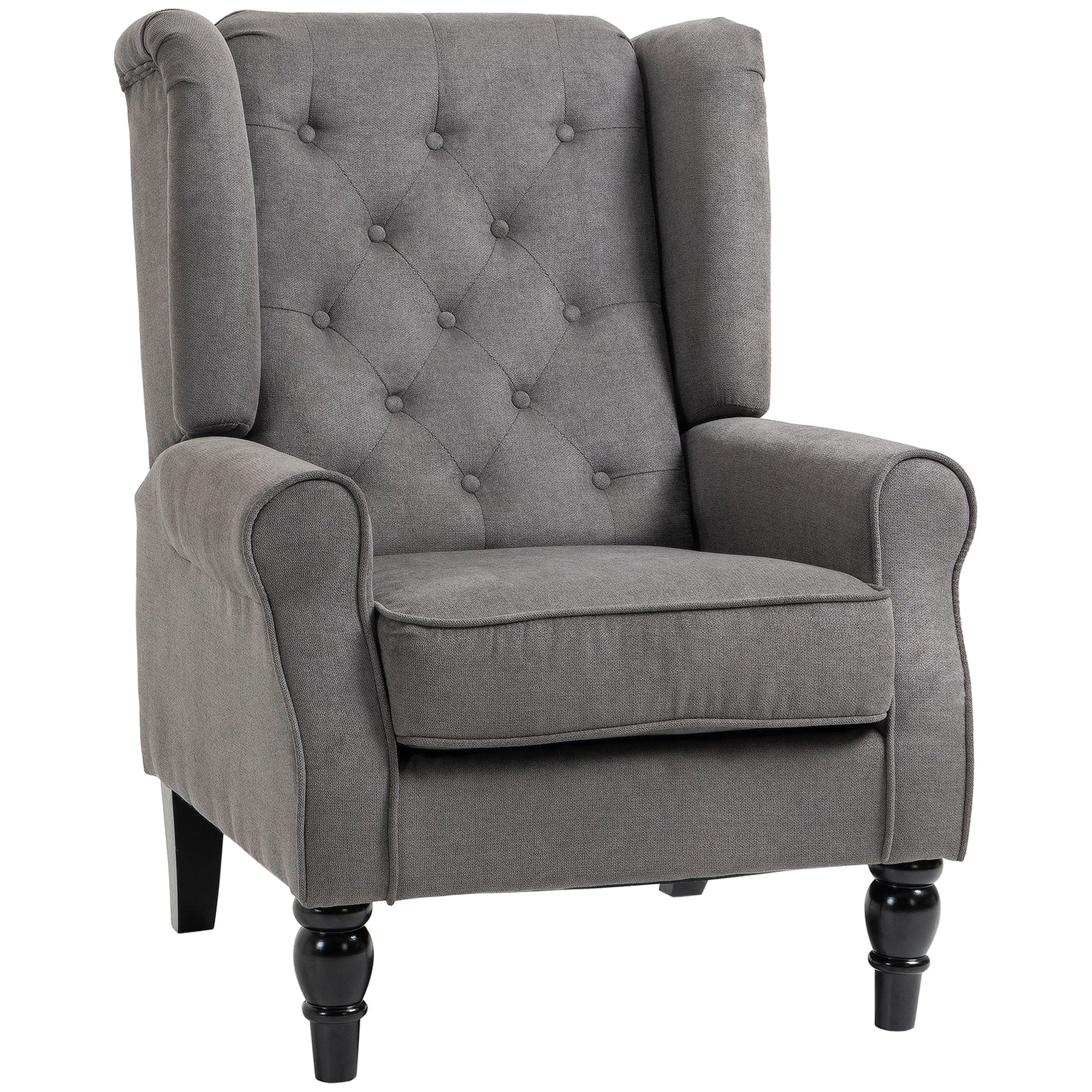 HOMCOM Fabric Accent Chair, Button Tufted Armchair, Upholstered Modern Living Room Chair, Wingback Chair with Wood Legs, Rolled Arms, Thick Padding for Bedroom, Charcoal Grey