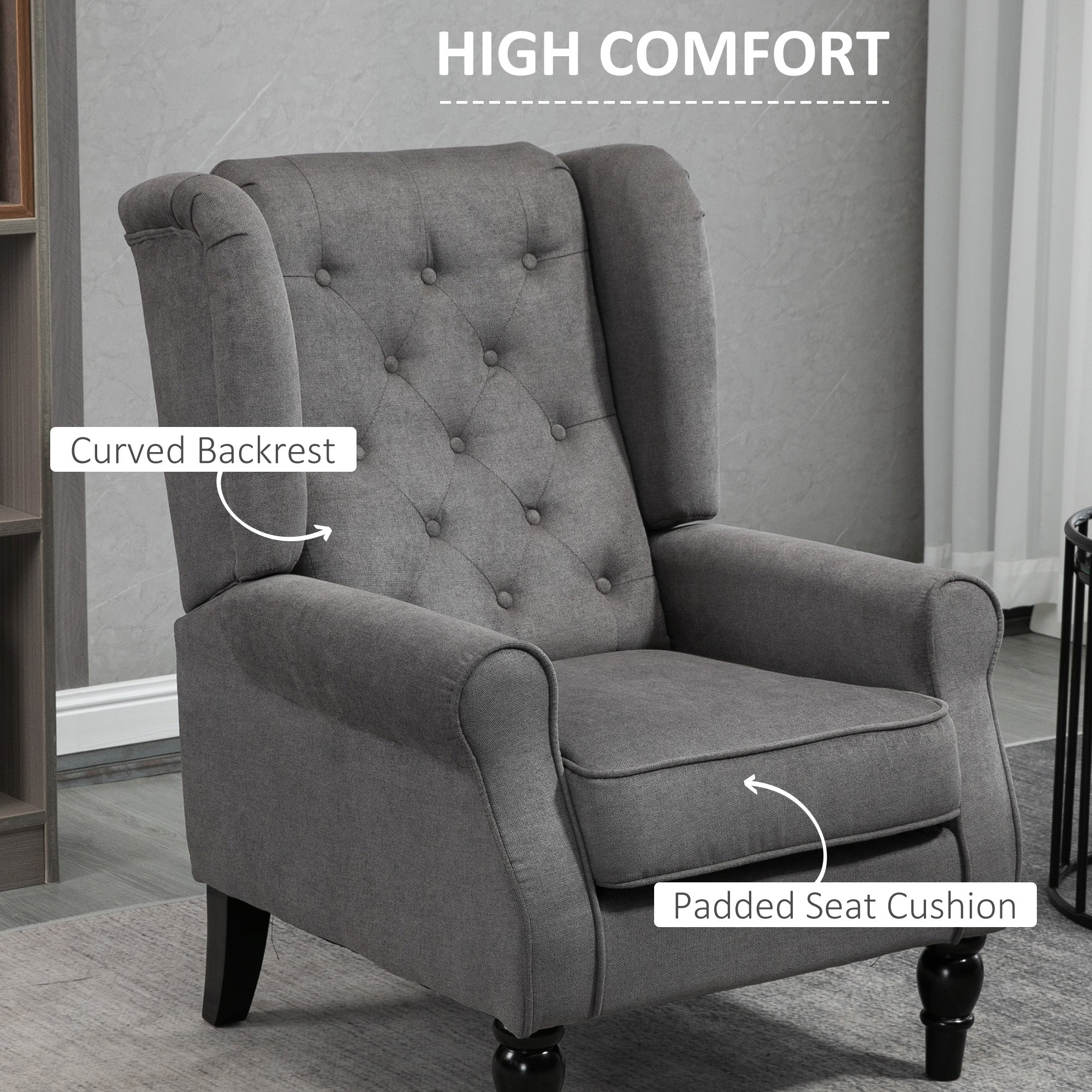 HOMCOM Fabric Accent Chair, Button Tufted Armchair, Upholstered Modern Living Room Chair, Wingback Chair with Wood Legs, Rolled Arms, Thick Padding for Bedroom, Charcoal Grey