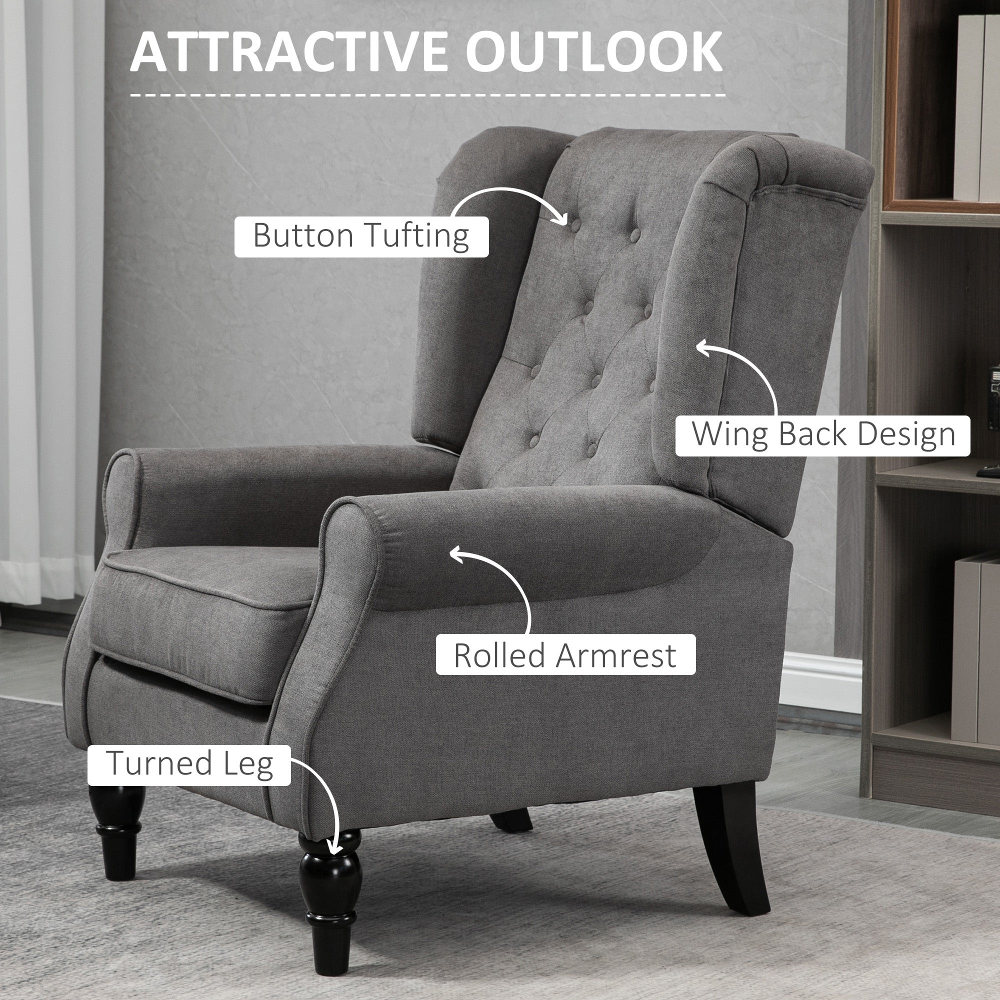 HOMCOM Fabric Accent Chair, Button Tufted Armchair, Upholstered Modern Living Room Chair, Wingback Chair with Wood Legs, Rolled Arms, Thick Padding for Bedroom, Charcoal Grey
