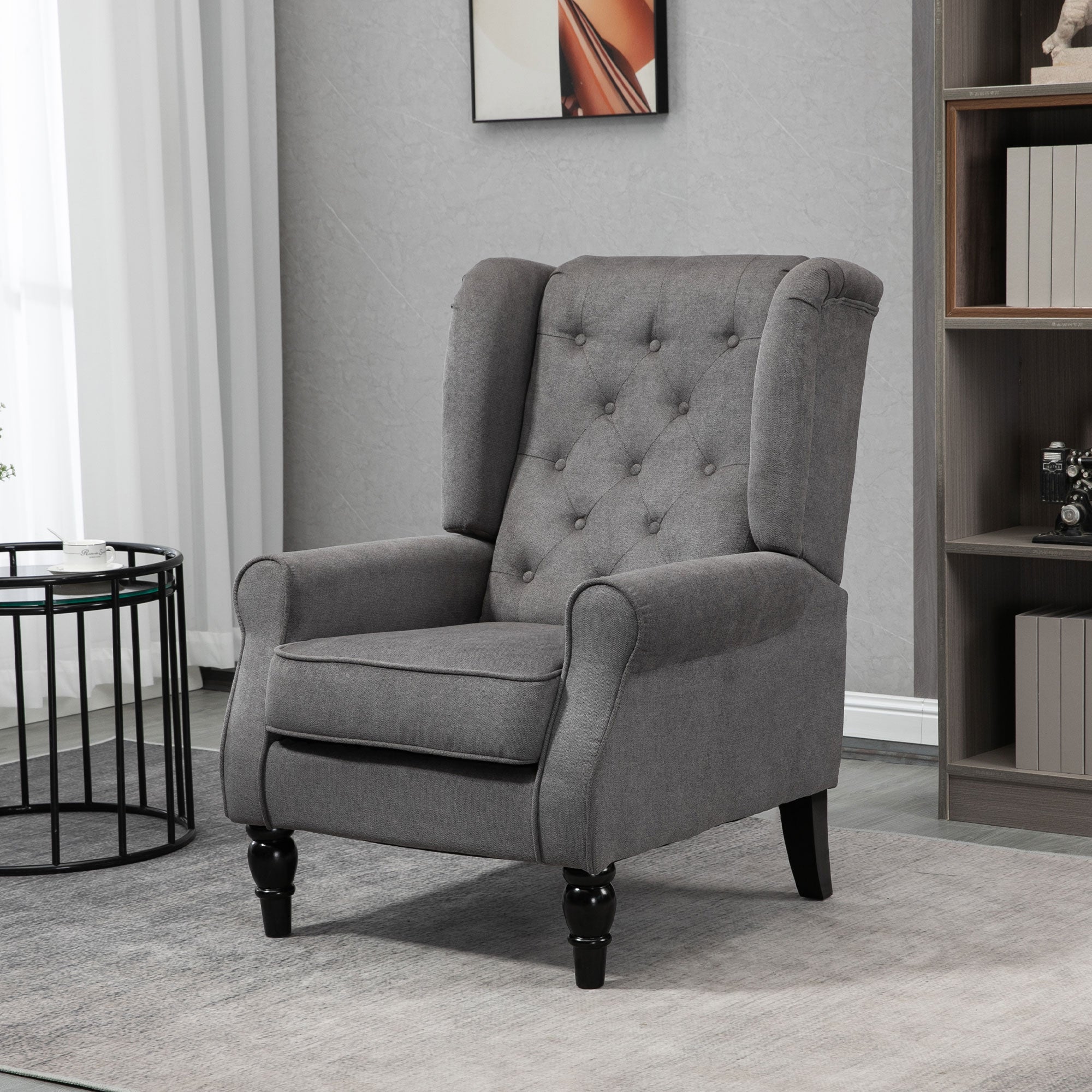 HOMCOM Fabric Accent Chair, Button Tufted Armchair, Upholstered Modern Living Room Chair, Wingback Chair with Wood Legs, Rolled Arms, Thick Padding for Bedroom, Charcoal Grey