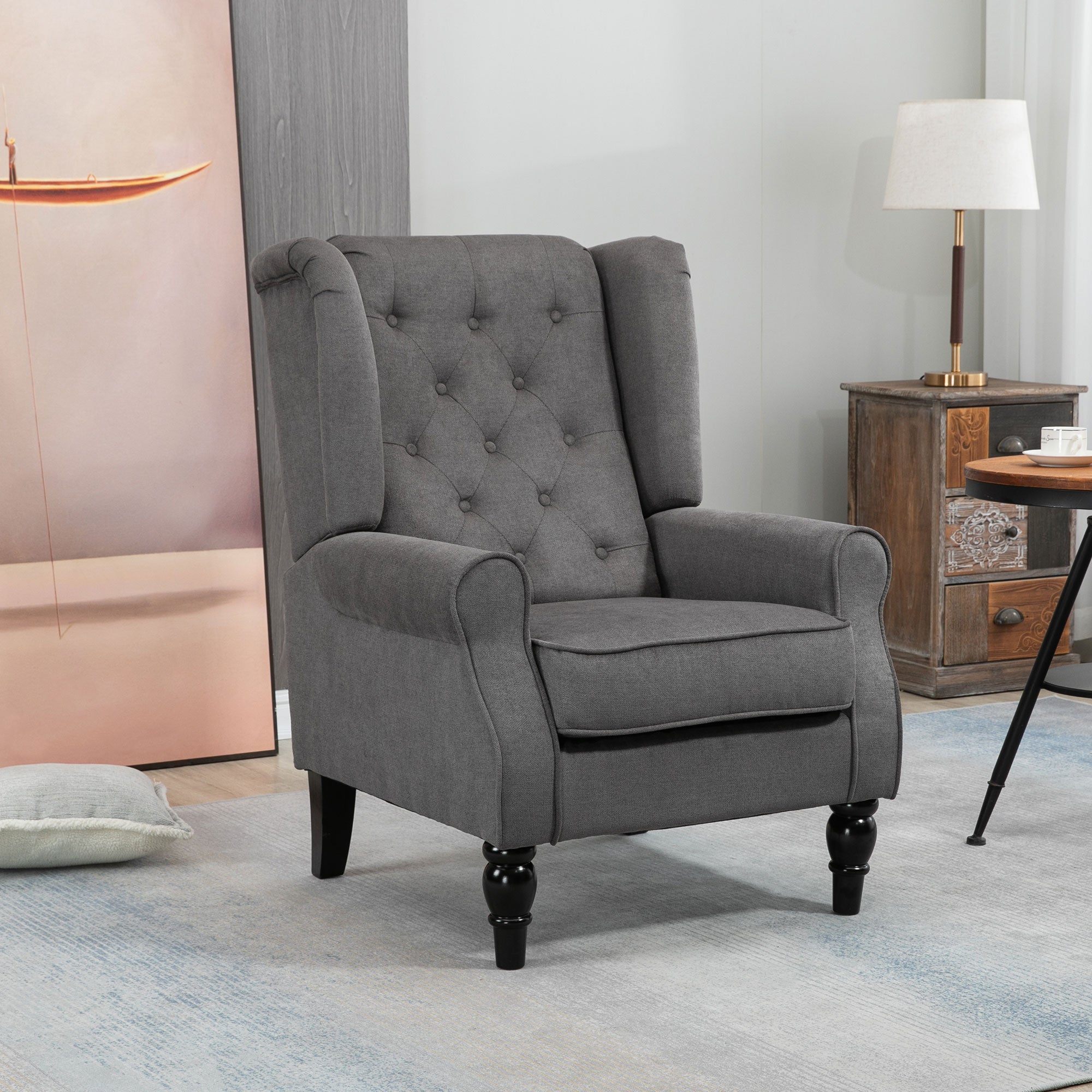 HOMCOM Fabric Accent Chair, Button Tufted Armchair, Upholstered Modern Living Room Chair, Wingback Chair with Wood Legs, Rolled Arms, Thick Padding for Bedroom, Charcoal Grey