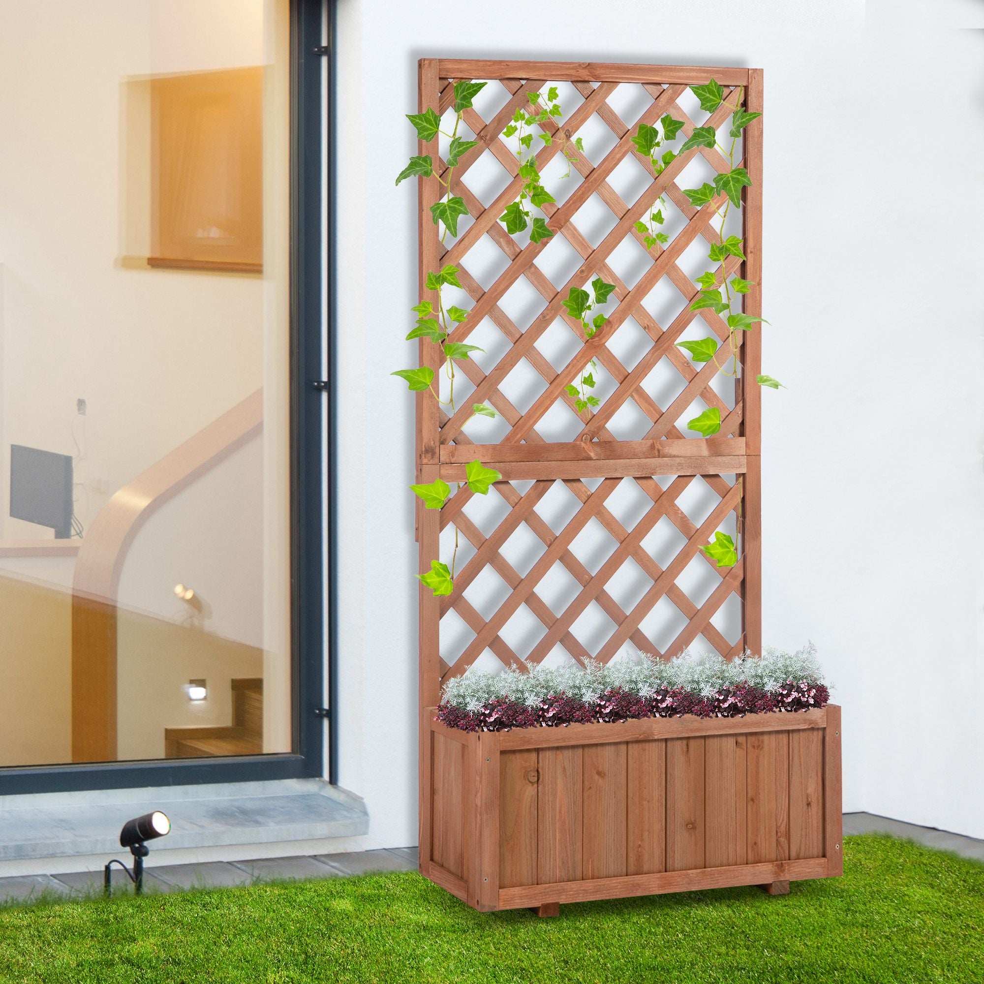 Outsunny 2.4 x 1 x 4.9 ft Raised Garden Bed, Wooden Planter with Topped Trellis for Climbing Plants, Flower Raised Bed, Orange
