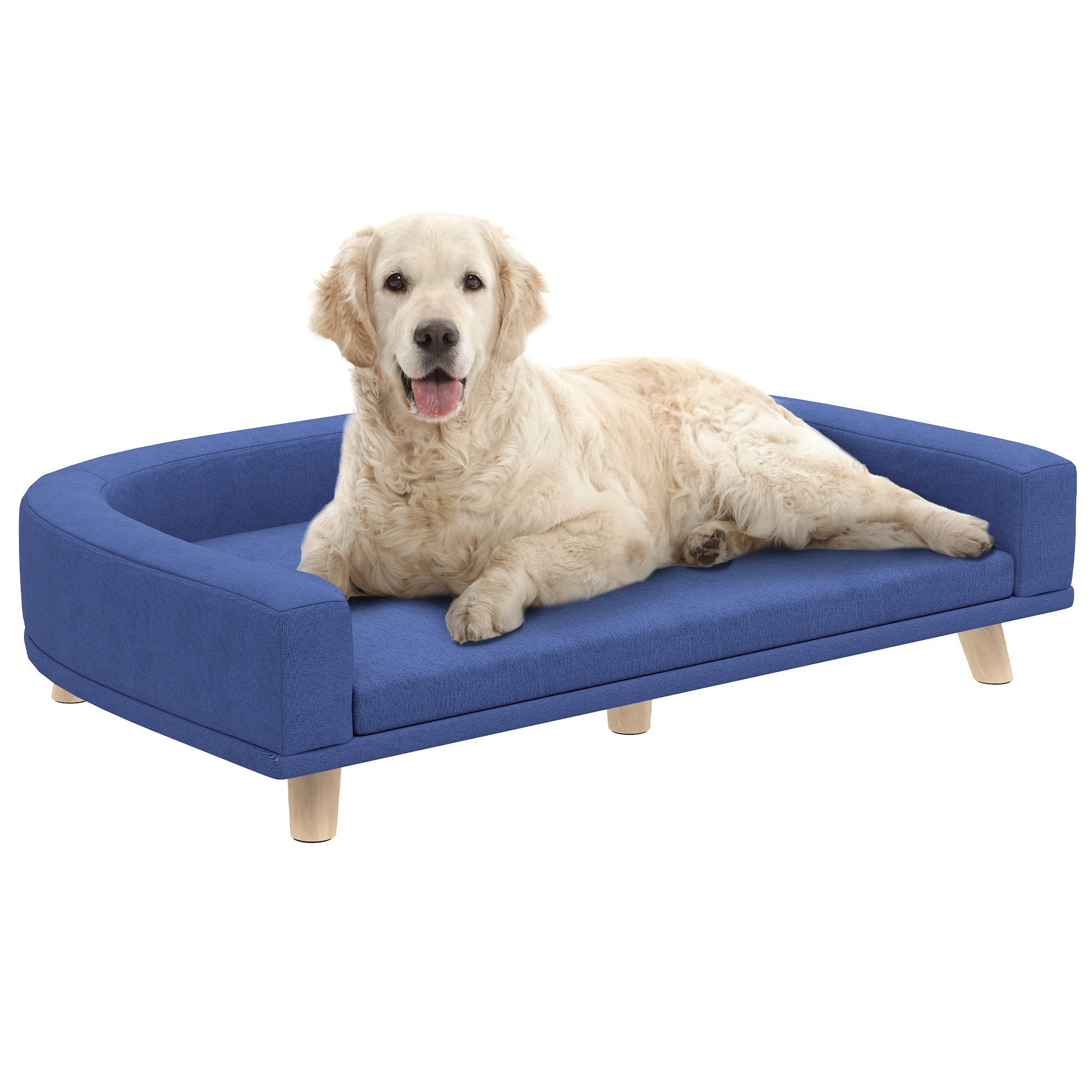 PawHut Dog Sofa Couch, Pet Bed with Comfortable Luxury Cushion, Washable Cover, Wooden Legs, Anti-slip Mat for Large Dogs, Cats, Kittens, Blue
