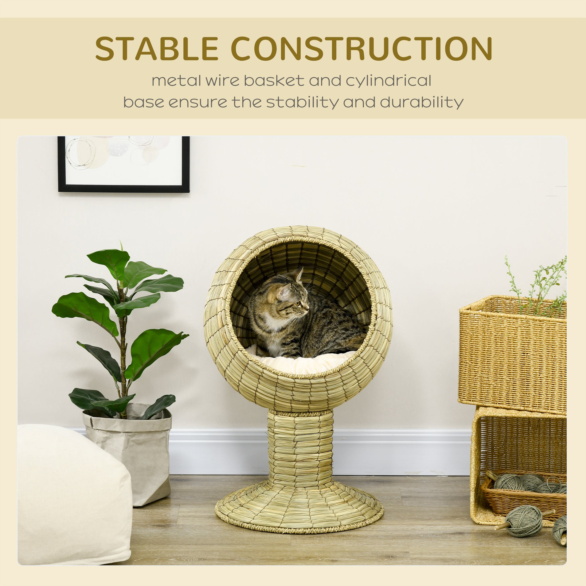 PawHut Raised Cat House, Natural Mat Grass Cat Bed, Kitten Cave with Cushion, Detachable Top, Yellow, Φ41x 69 cm