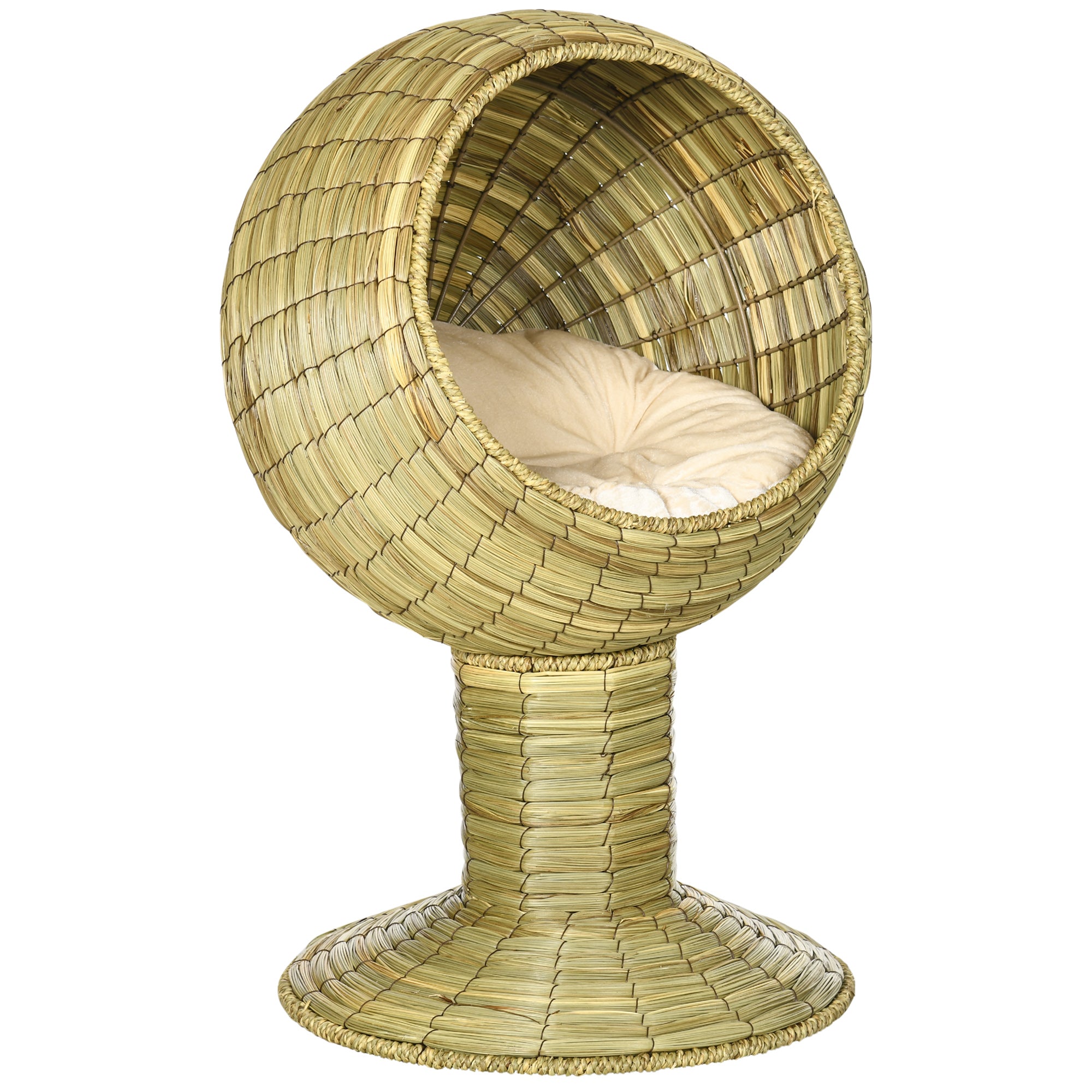 PawHut Raised Cat House, Natural Mat Grass Cat Bed, Kitten Cave with Cushion, Detachable Top, Yellow, Φ41x 69 cm