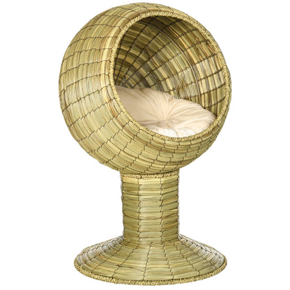 PawHut Raised Cat House, Natural Mat Grass Cat Bed, Kitten Cave with Cushion, Detachable Top, Yellow, Φ41x 69 cm