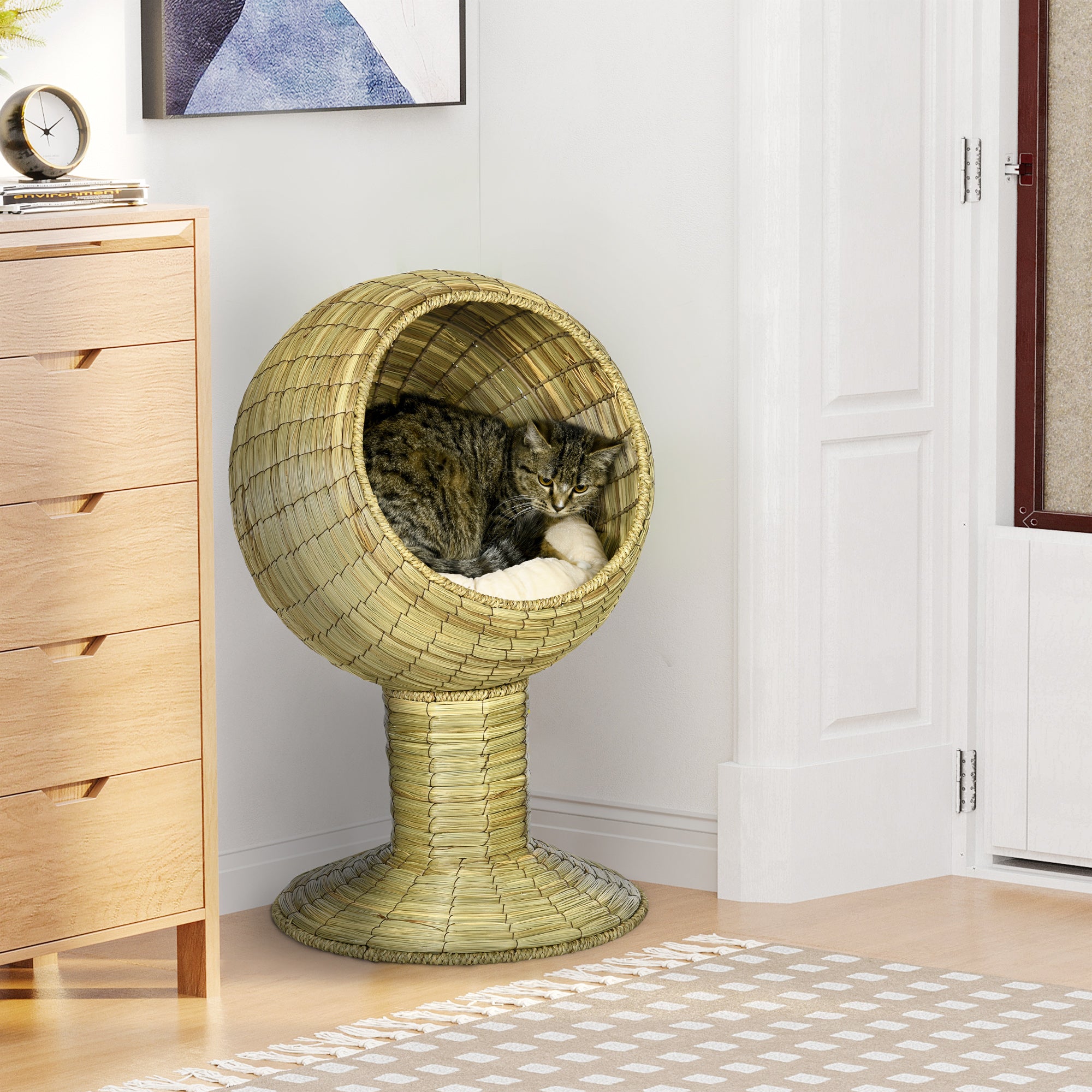 PawHut Raised Cat House, Natural Mat Grass Cat Bed, Kitten Cave with Cushion, Detachable Top, Yellow, Φ41x 69 cm
