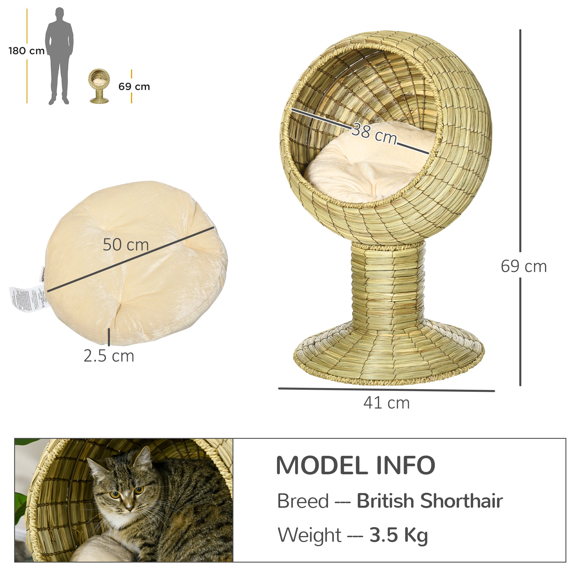 PawHut Raised Cat House, Natural Mat Grass Cat Bed, Kitten Cave with Cushion, Detachable Top, Yellow, Φ41x 69 cm