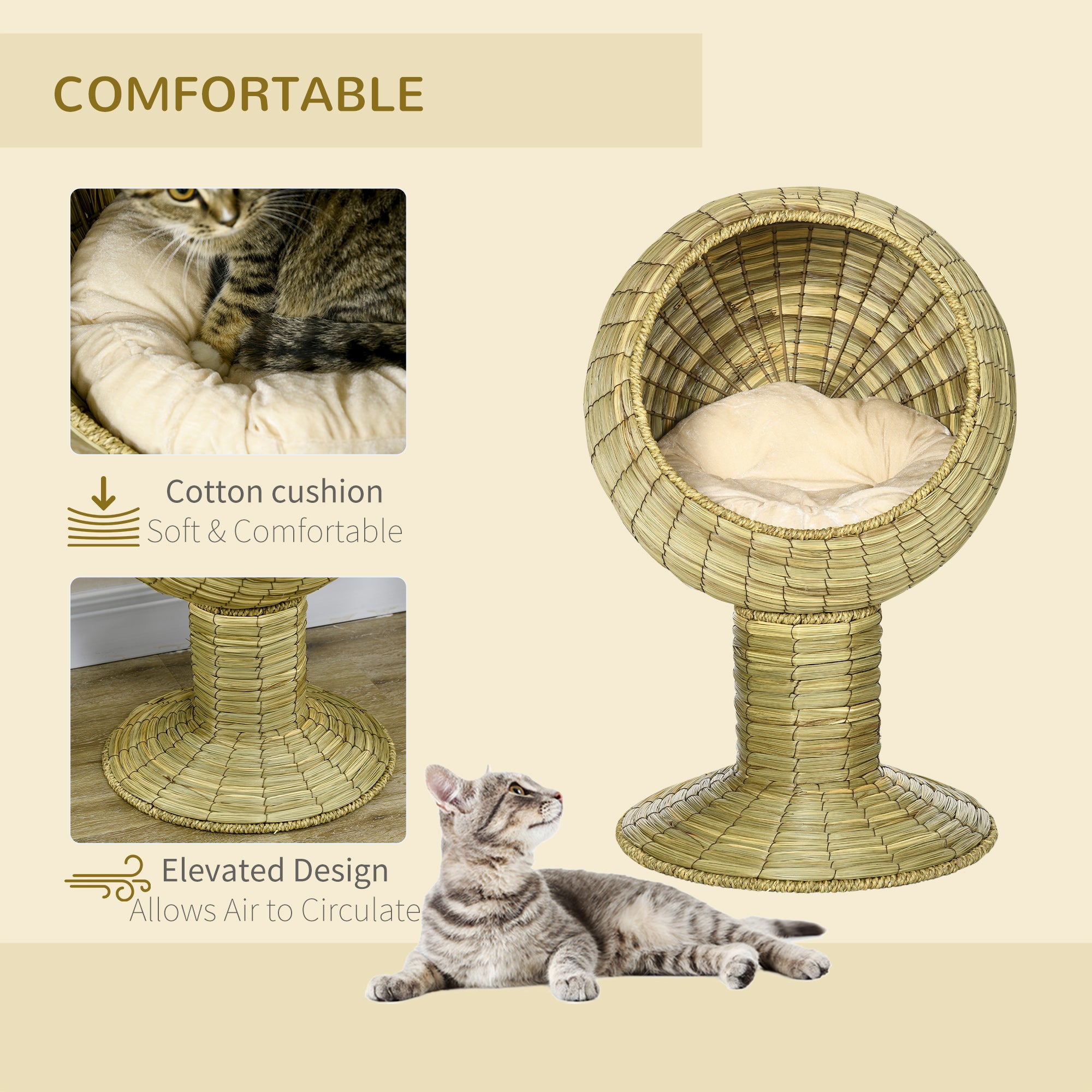 PawHut Raised Cat House, Natural Mat Grass Cat Bed, Kitten Cave with Cushion, Detachable Top, Yellow, Φ41x 69 cm