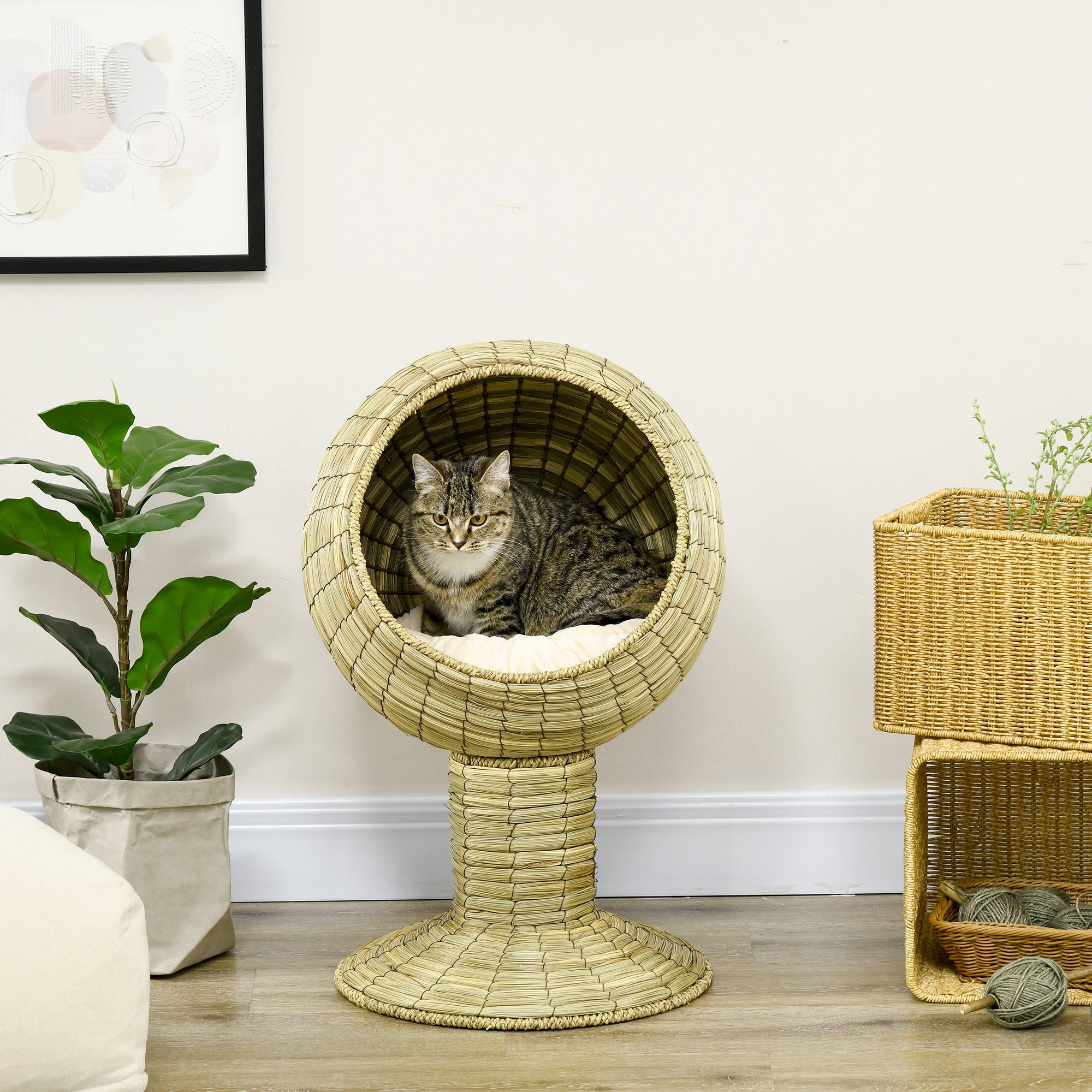 PawHut Raised Cat House, Natural Mat Grass Cat Bed, Kitten Cave with Cushion, Detachable Top, Yellow, Φ41x 69 cm
