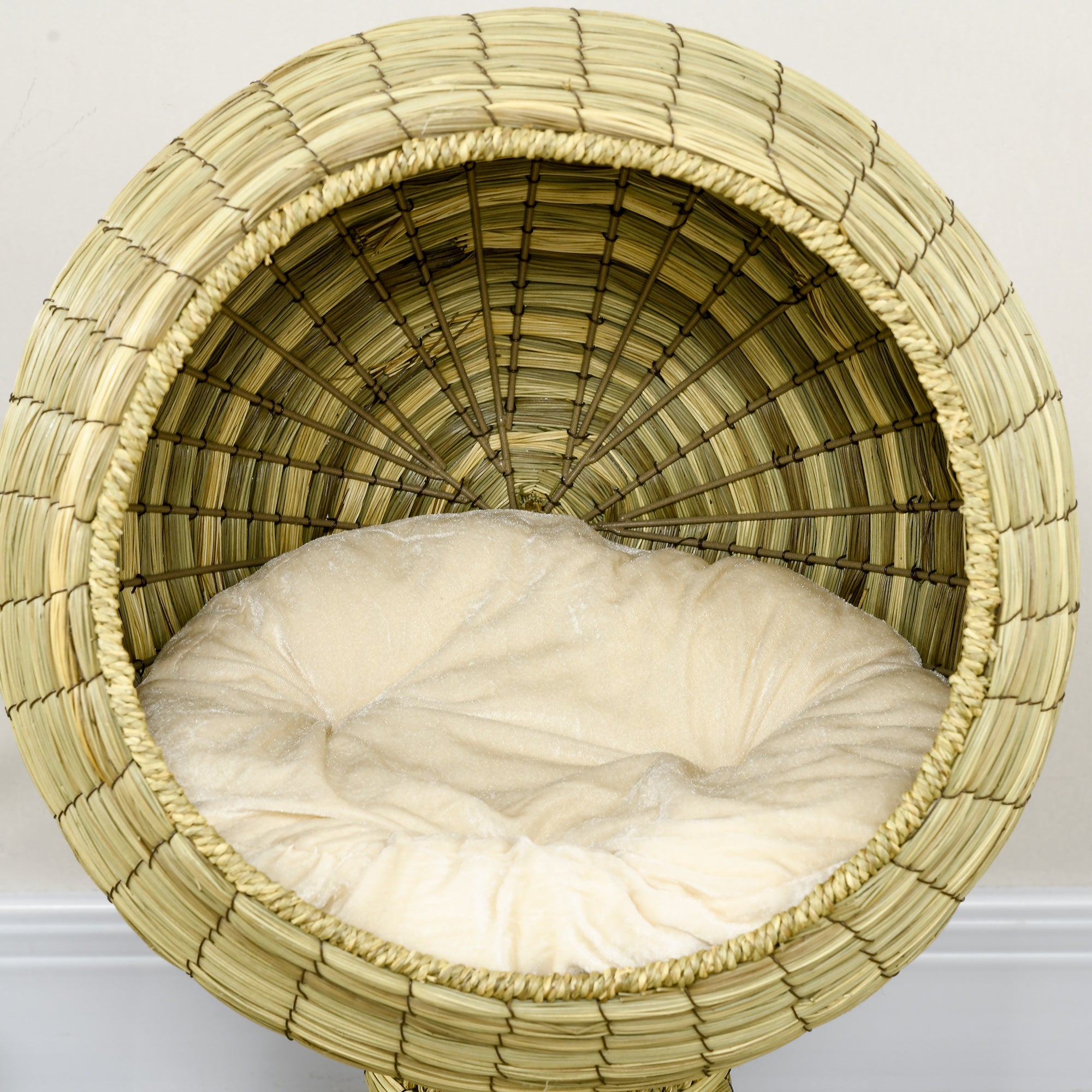 PawHut Raised Cat House, Natural Mat Grass Cat Bed, Kitten Cave with Cushion, Detachable Top, Yellow, Φ41x 69 cm
