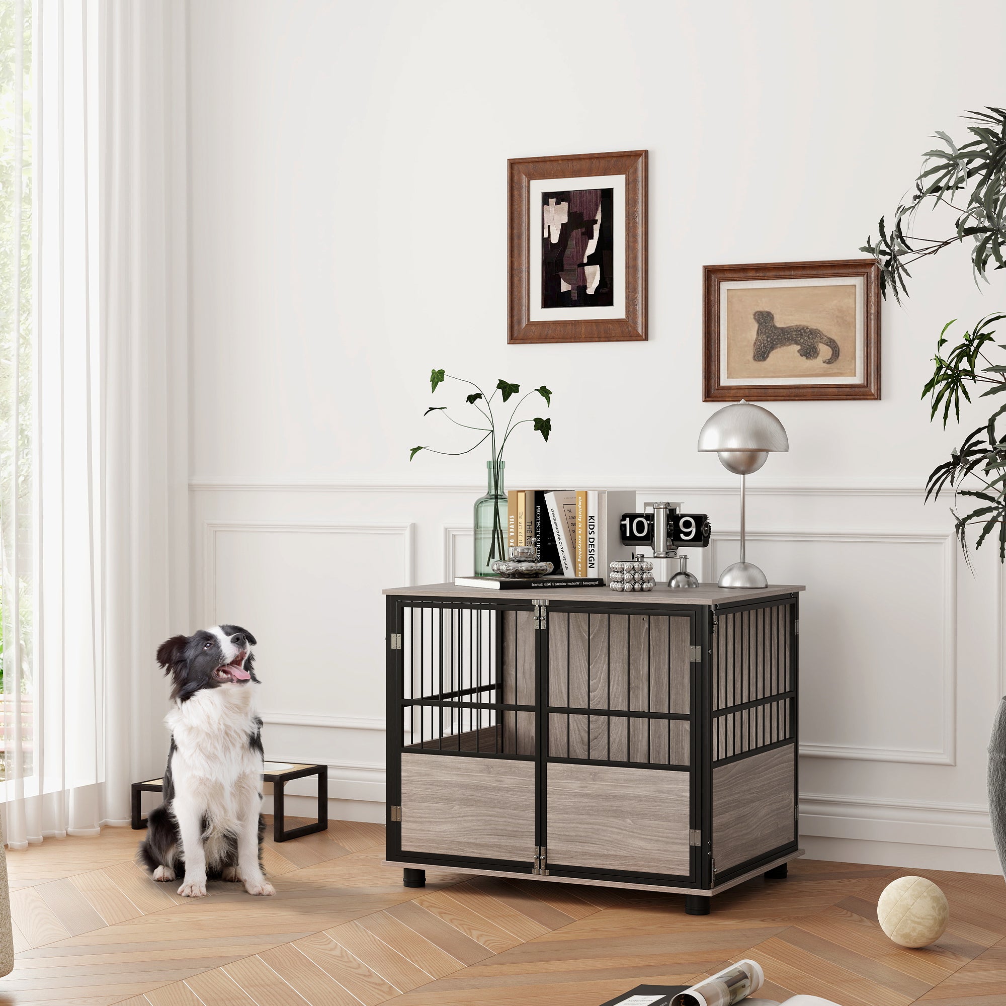 PawHut Dog Crate Furniture, Dog Cage End Table Indoor with 3 Doors, Furniture Style Dog Crate with Soft Washable Cushion, for Medium Dogs, 80L x 60W x 68Hcm