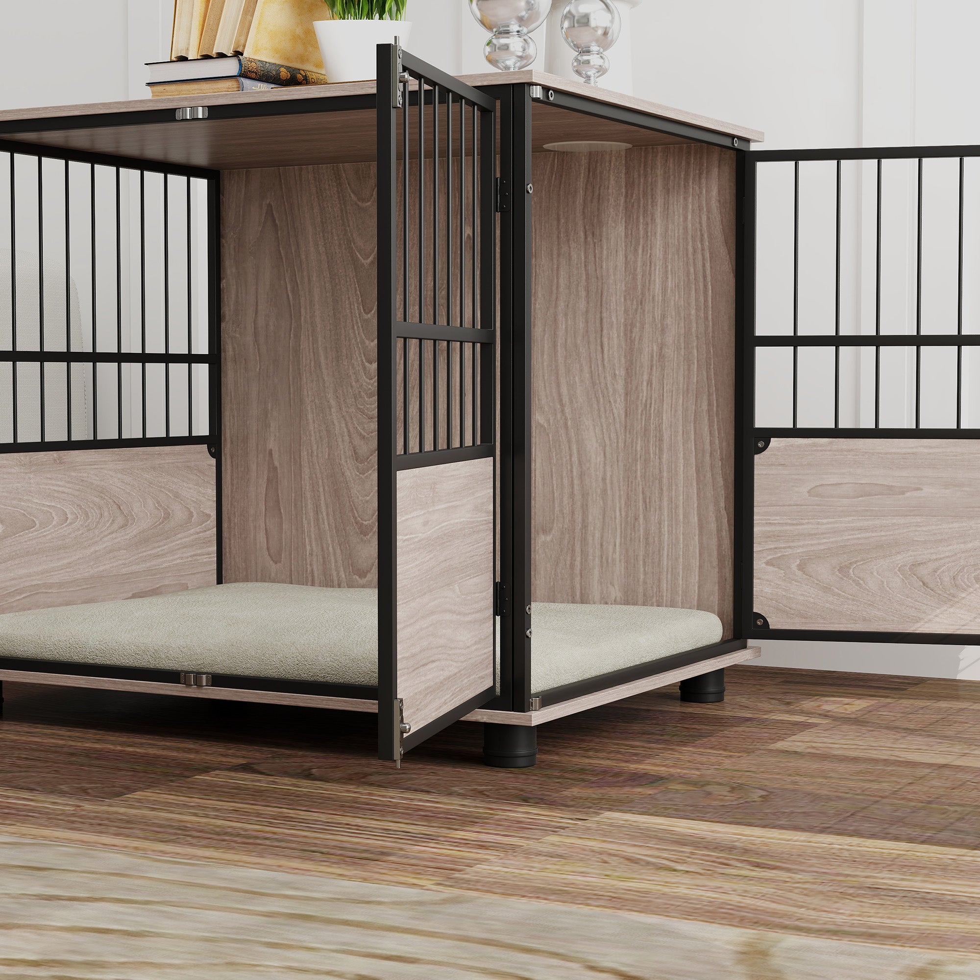 PawHut Dog Crate Furniture, Dog Cage End Table Indoor with 3 Doors, Furniture Style Dog Crate with Soft Washable Cushion, for Medium Dogs, 80L x 60W x 68Hcm