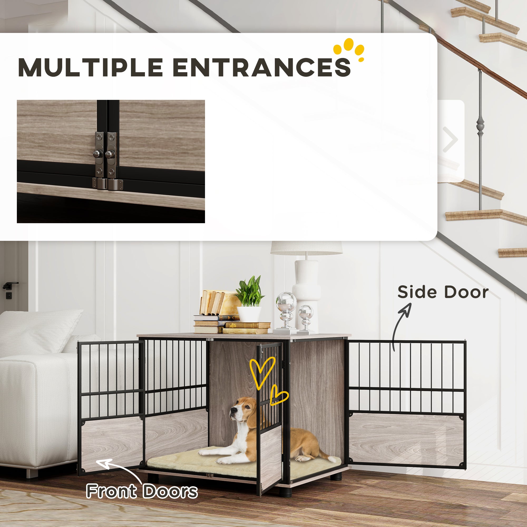PawHut Dog Crate Furniture, Dog Cage End Table Indoor with 3 Doors, Furniture Style Dog Crate with Soft Washable Cushion, for Medium Dogs, 80L x 60W x 68Hcm
