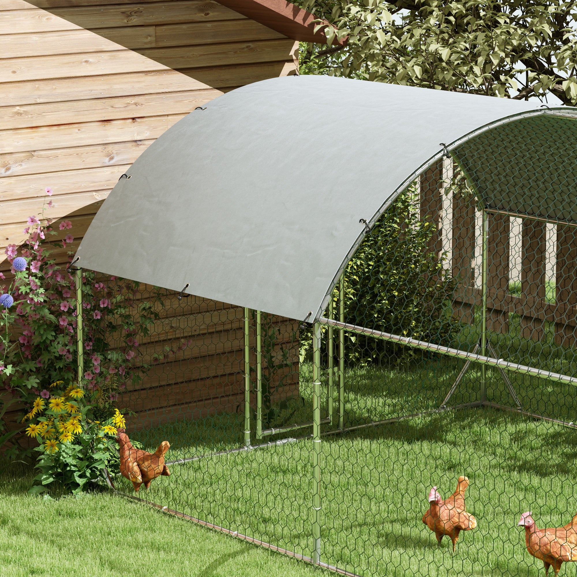 PawHut Large Chicken Coop Metal Chicken Run with Waterproof and Anti-UV Cover, Dome Shaped Walk in Fence Cage Hen House for Outdoor and Yard Farm Use, 1" Tube Diameter, 9.2' x 31.2' x 6.5'